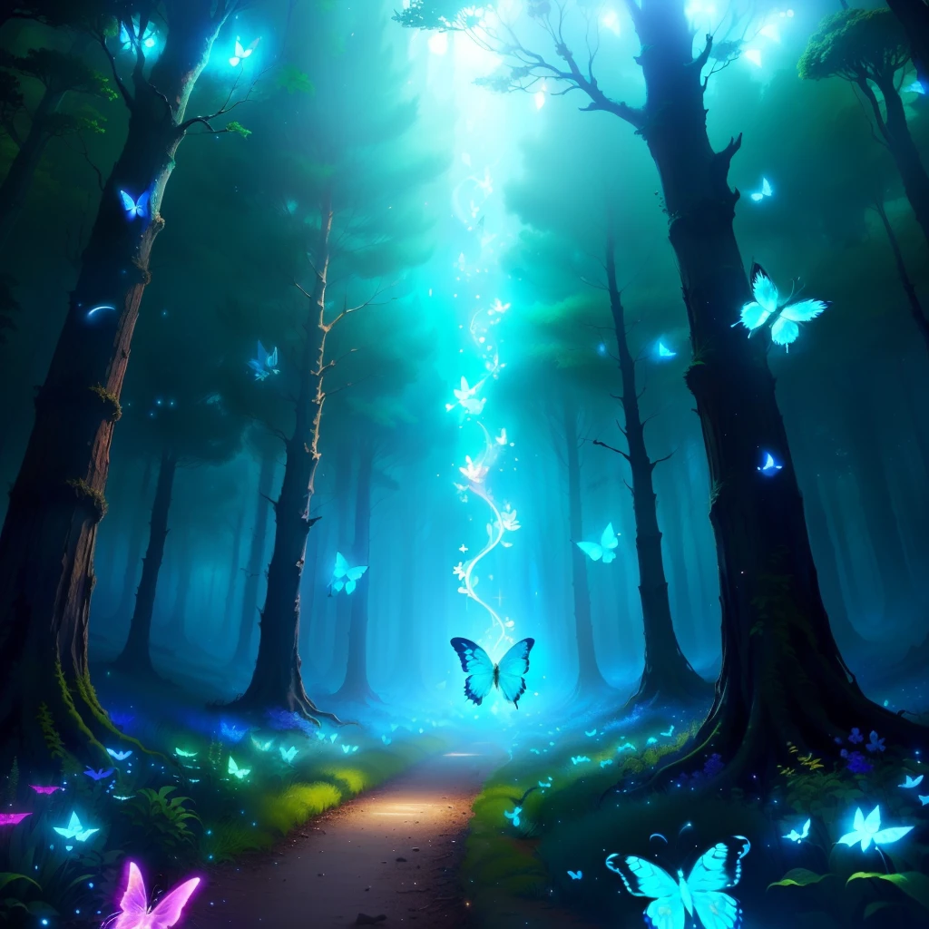 Butterflies (vibrant, fiery) blue effects (powerful, mesmerizing) brilliant blue spells, within a mystical forest (mysterious enchanted). magical butterflies, neon effects, 4k, flying through a magical forest