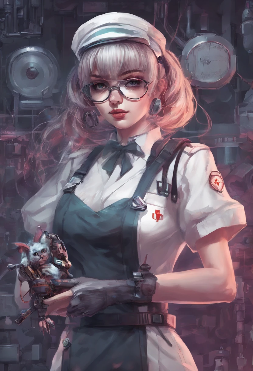 Lolita Glasses Girl Cyberpunk Style Tight Nurse Uniform Holding a mechanical rabbit and holding a scalpel in her hands