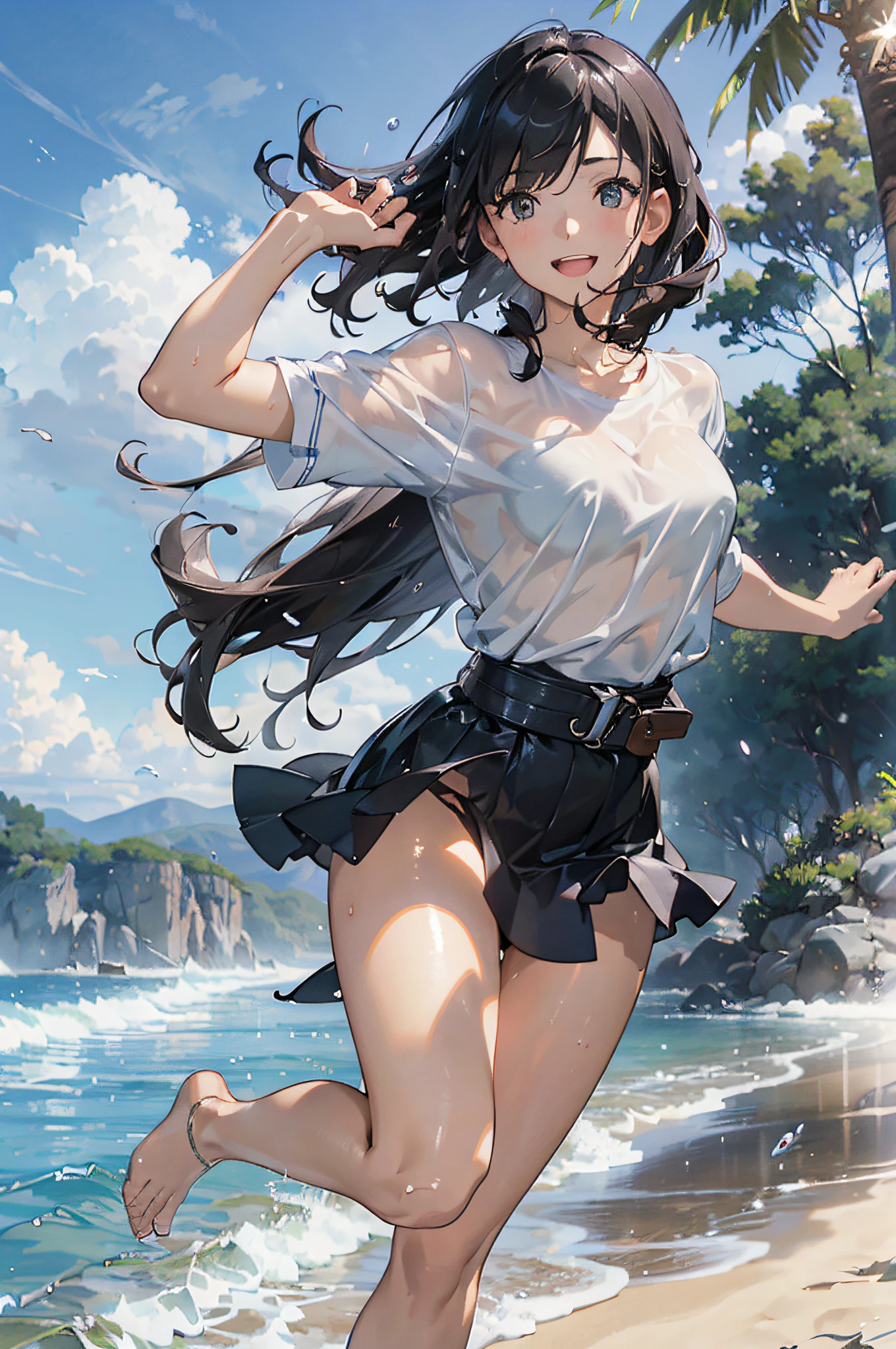 (Official art、Best Quality、Unity 8k Wallpapers、32K、masterpiece、ultra-detailliert、超A high resolution、realisitic、Photorealsitic:1.2)、(natural soft light:1.2)、Fireglow effect、film grains、Best Shadows、Rim lighting、side lights、sideshot、(Ultra-detailed and complex 3D rendering)、Detailed beautiful face and eyes、Sharp pupils、Realistic pupils、Full body, sand beach、beauitful face、blurry backround、18 year old beautiful girl、shinny skin、Wet beautiful black hair、Pulled up wet shirt、Wet Check Mini Skirt、(thighs thighs thighs thighs:0.9)、Barefoot、Curve、Dynamic Poses、Smile with open mouth、Two girls、