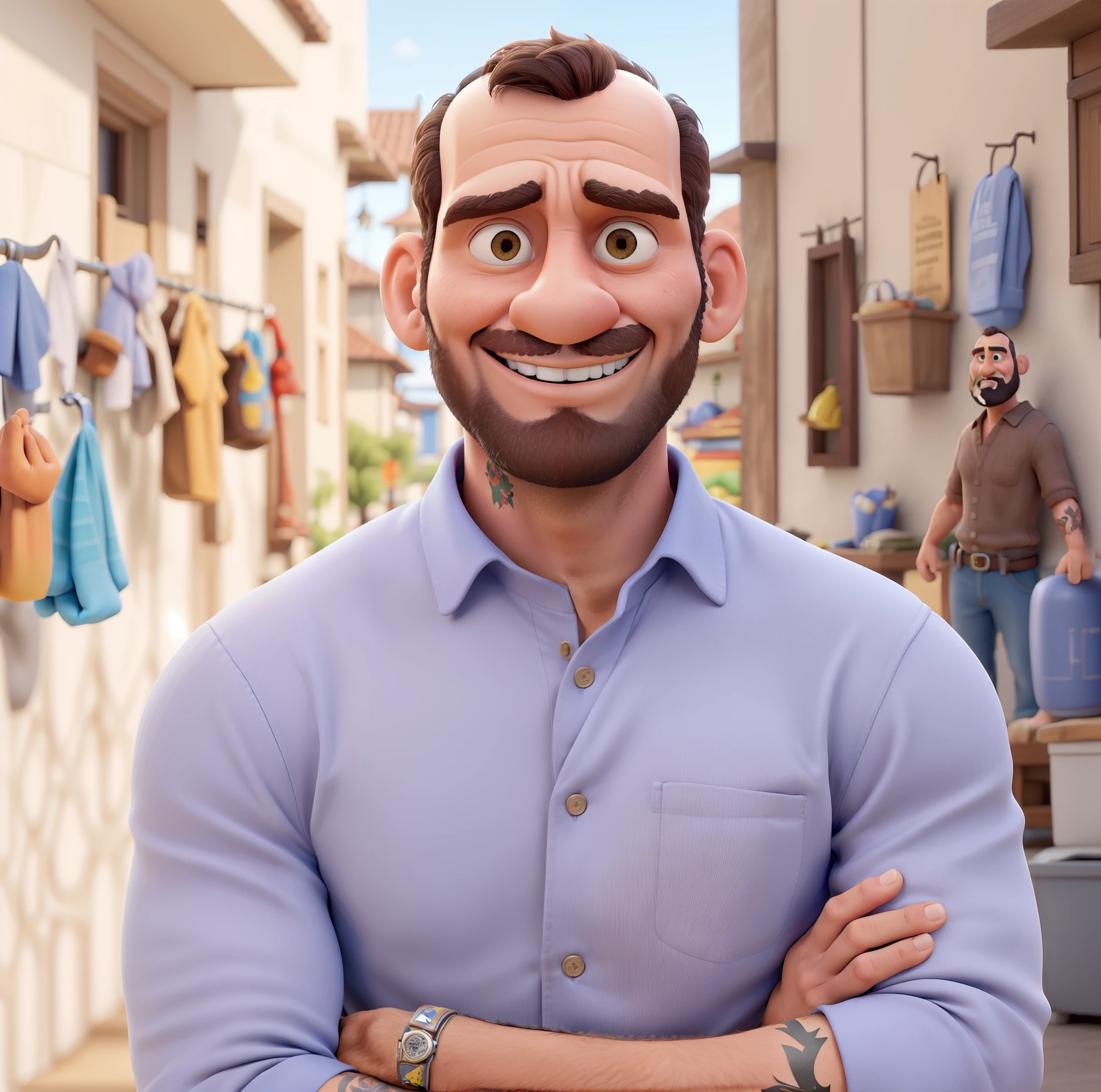 Obra-prima, de melhor qualidade, homem, careca, pouca barba, folded arms, tatuado, numa rua da cidade, pixar