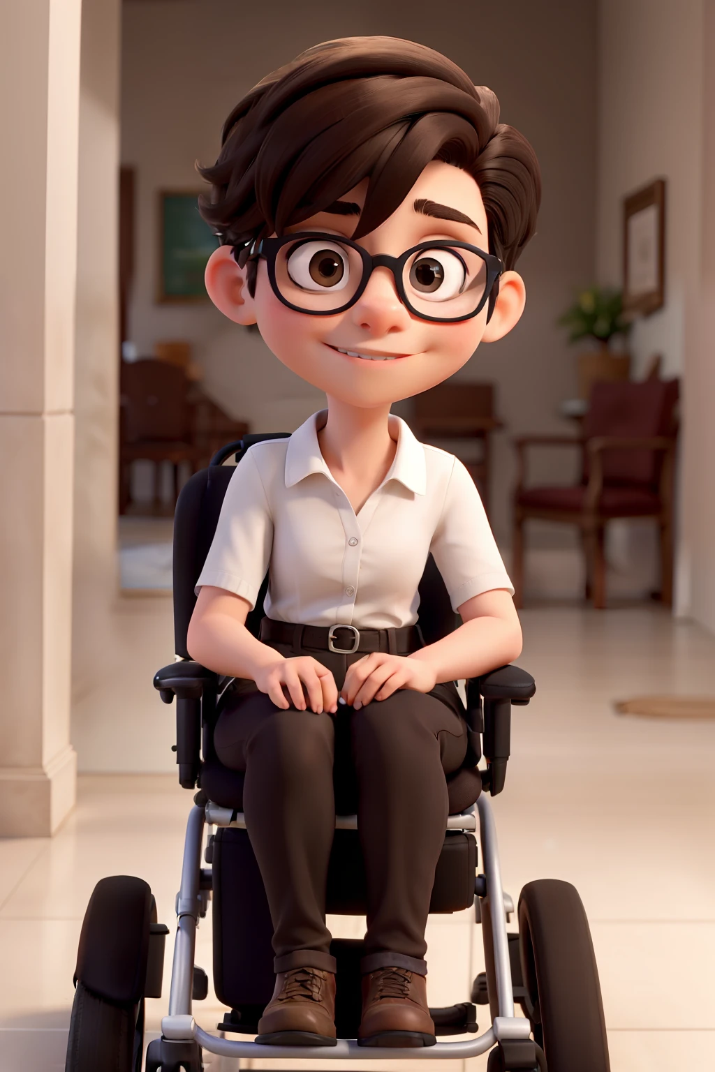 Obra-prima, de melhor qualidade, A white girl with short dark brown hair pixie style, Wearing black glasses in a wheelchair