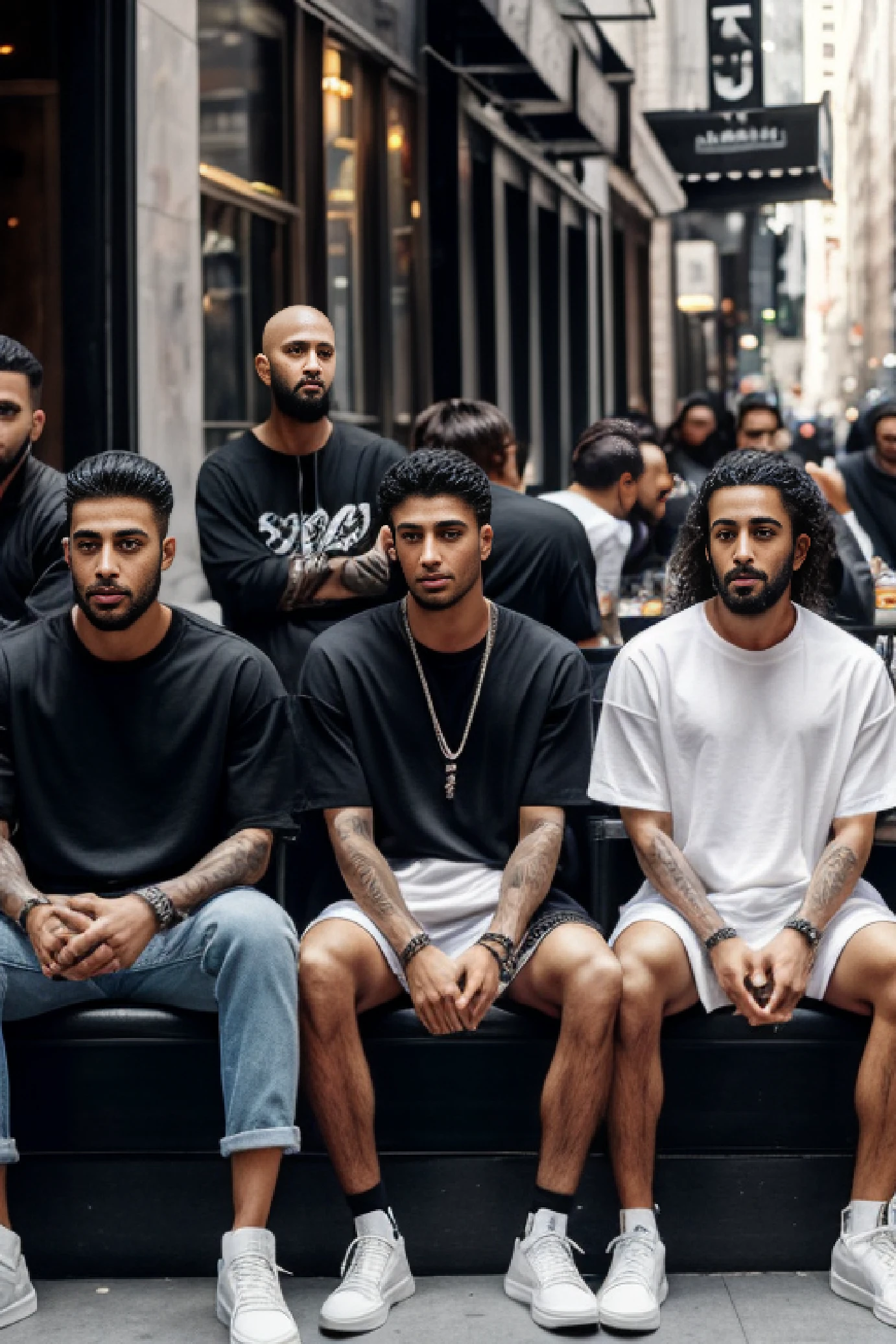 Hyper realistic, ultra realistic faces. group of middle eastern models sitting to eat in soho NYC, wearing fear of god style streetwear, loose, oversized t-shirt, fashion photoshoot,