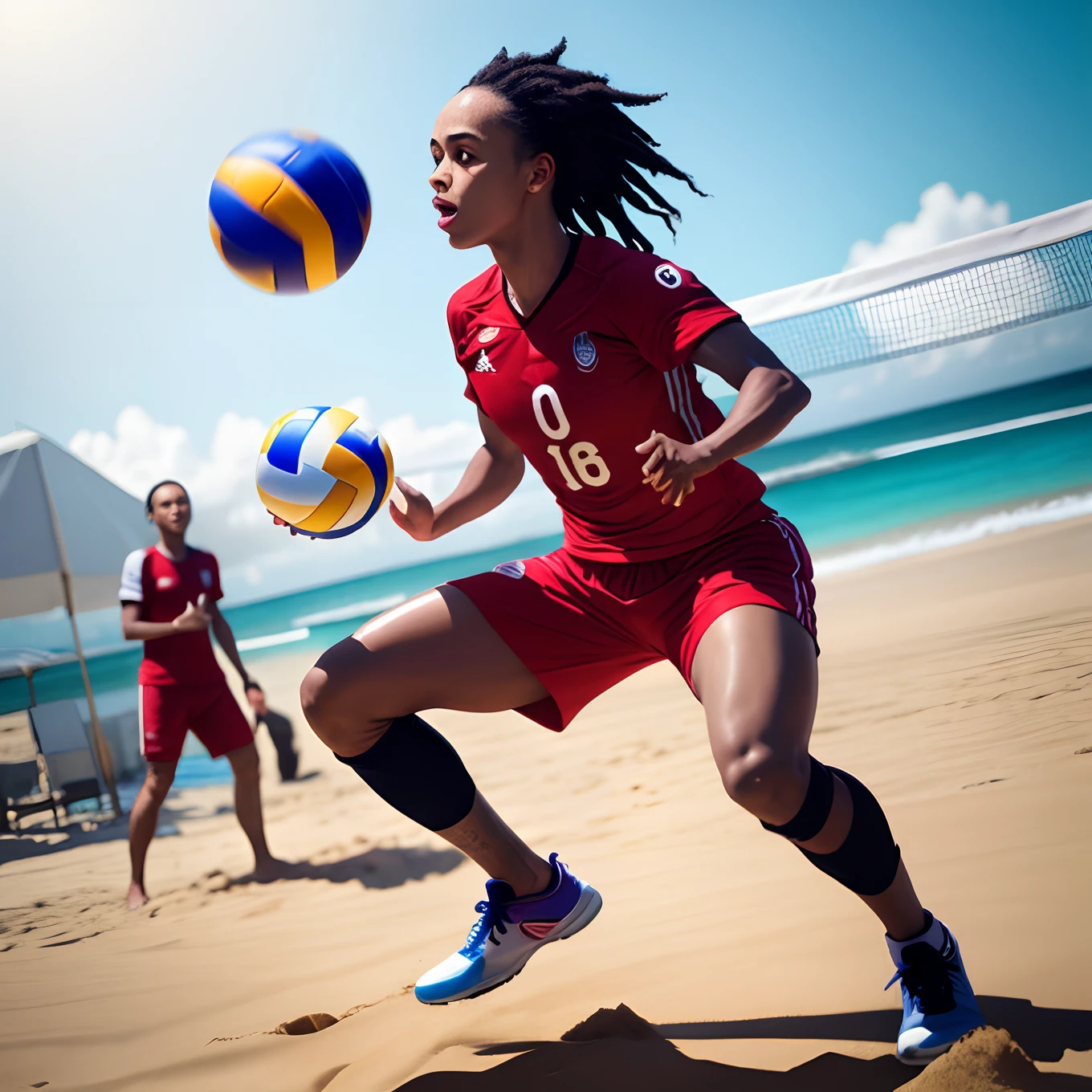 Create an image of Manoel Gomes playing volleyball with Ronaldinho on the beach of acapuco