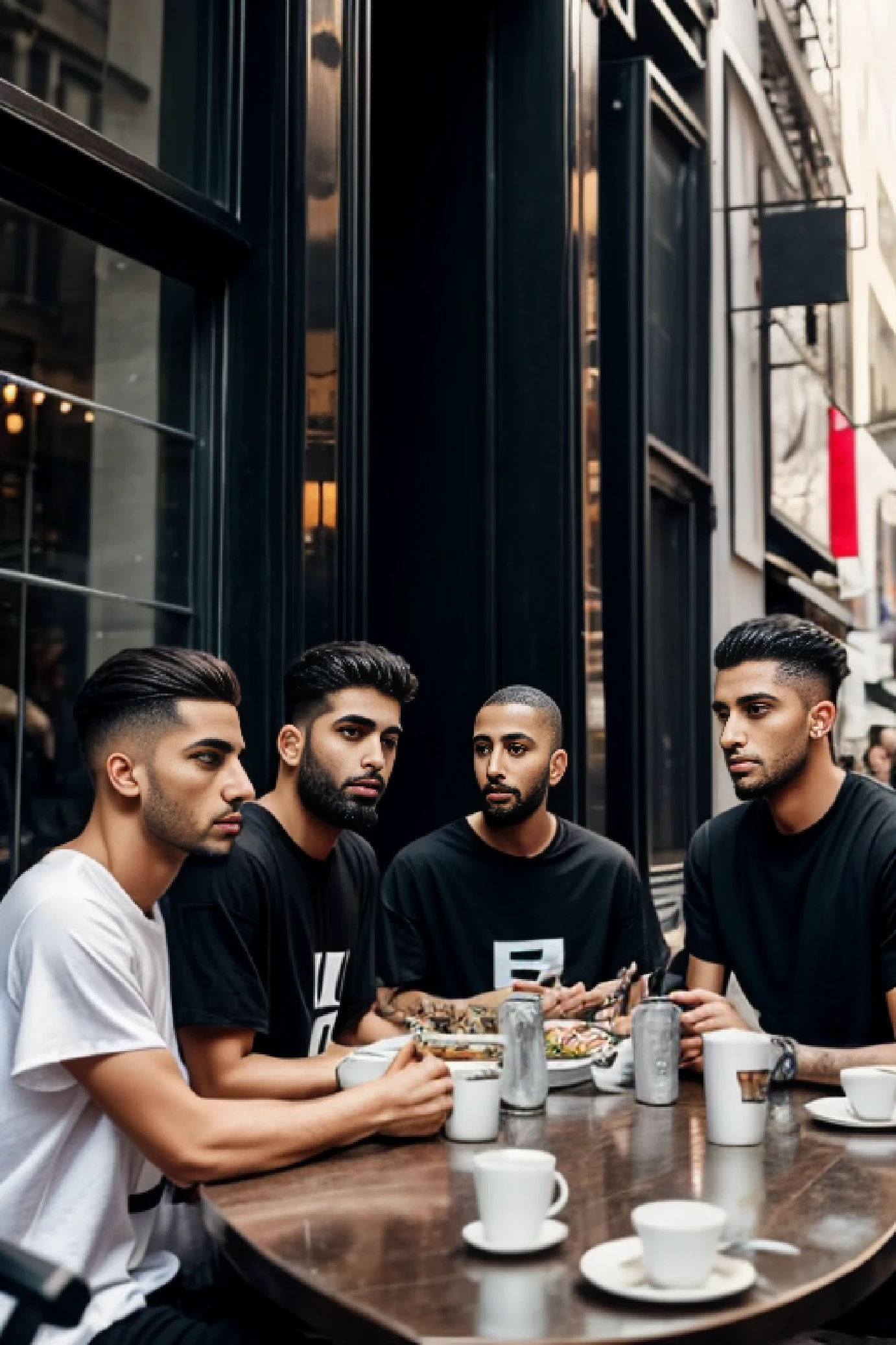 Hyper realistic, ultra realistic faces. group of middle eastern models sitting to eat in soho NYC, wearing fear of god style streetwear, loose, oversized t-shirt, fashion photoshoot,