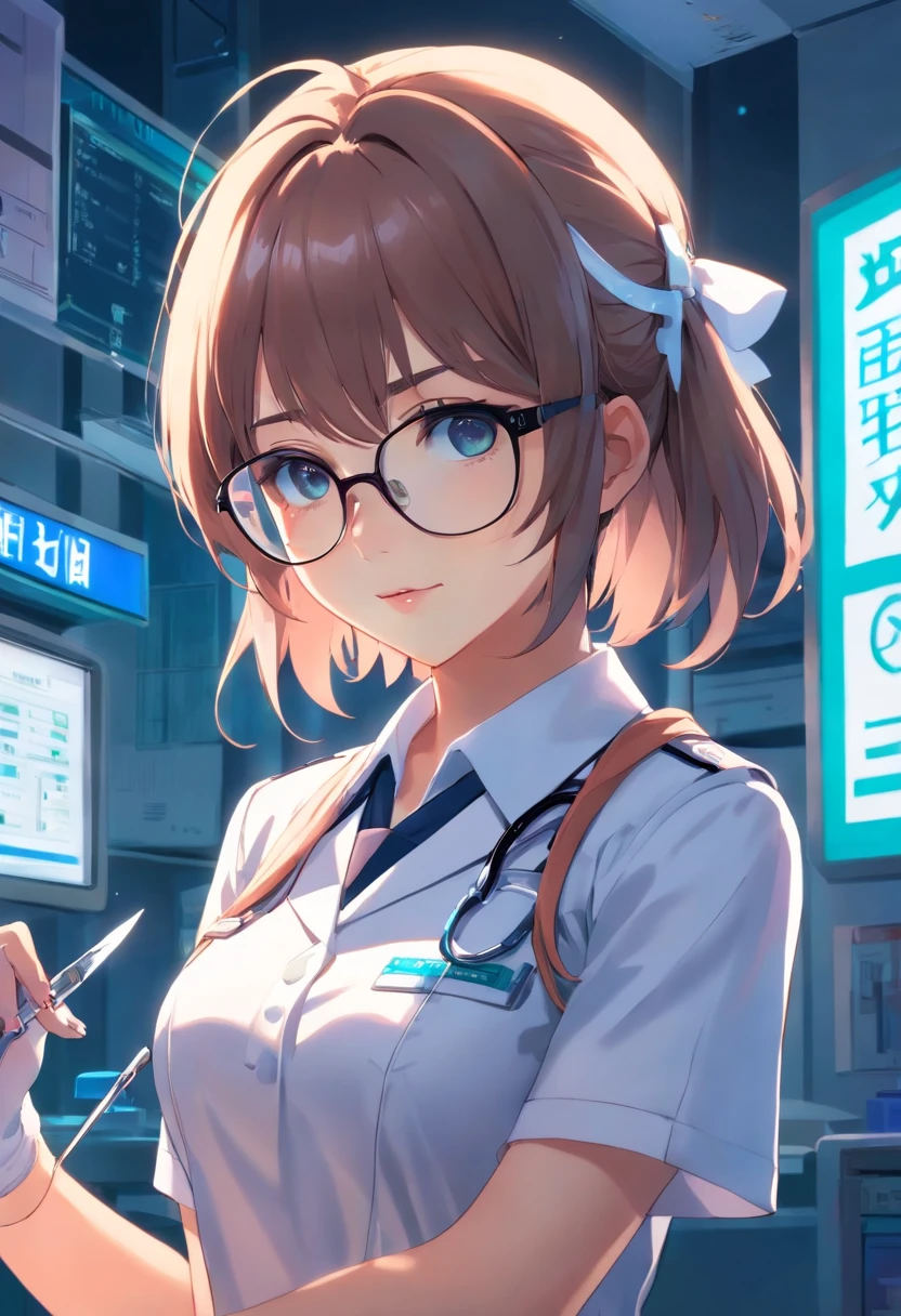 Lolita Glasses Girl Cyberpunk Style Tight Nurse Uniform With a scalpel in her hand
