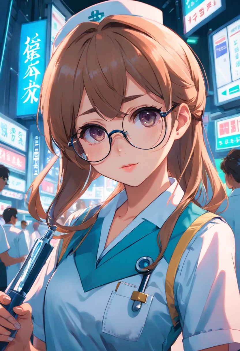 ta Glasses Girl Cyberpunk Style Tight Nurse Uniform With a scalpel in her hand