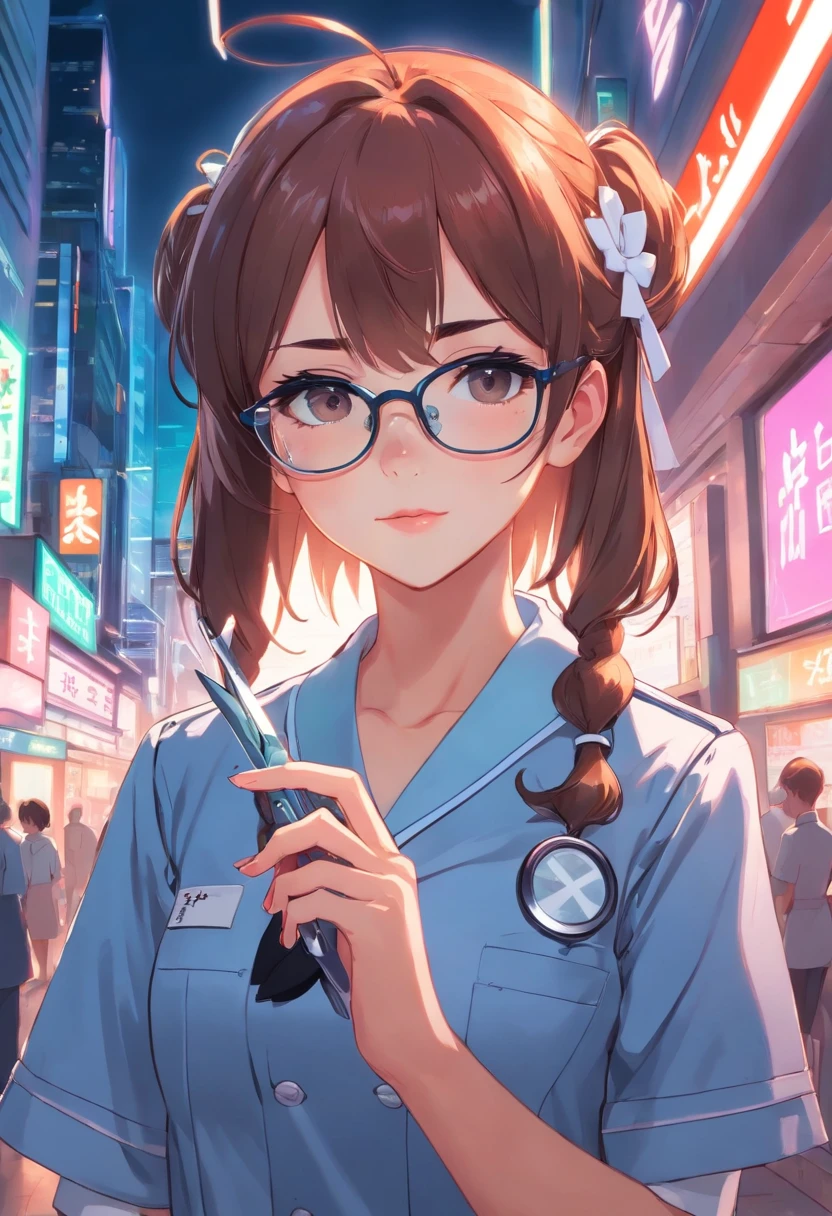 Lolita Glasses Girl Cyberpunk Style Tight Nurse Uniform With a scalpel in her hand