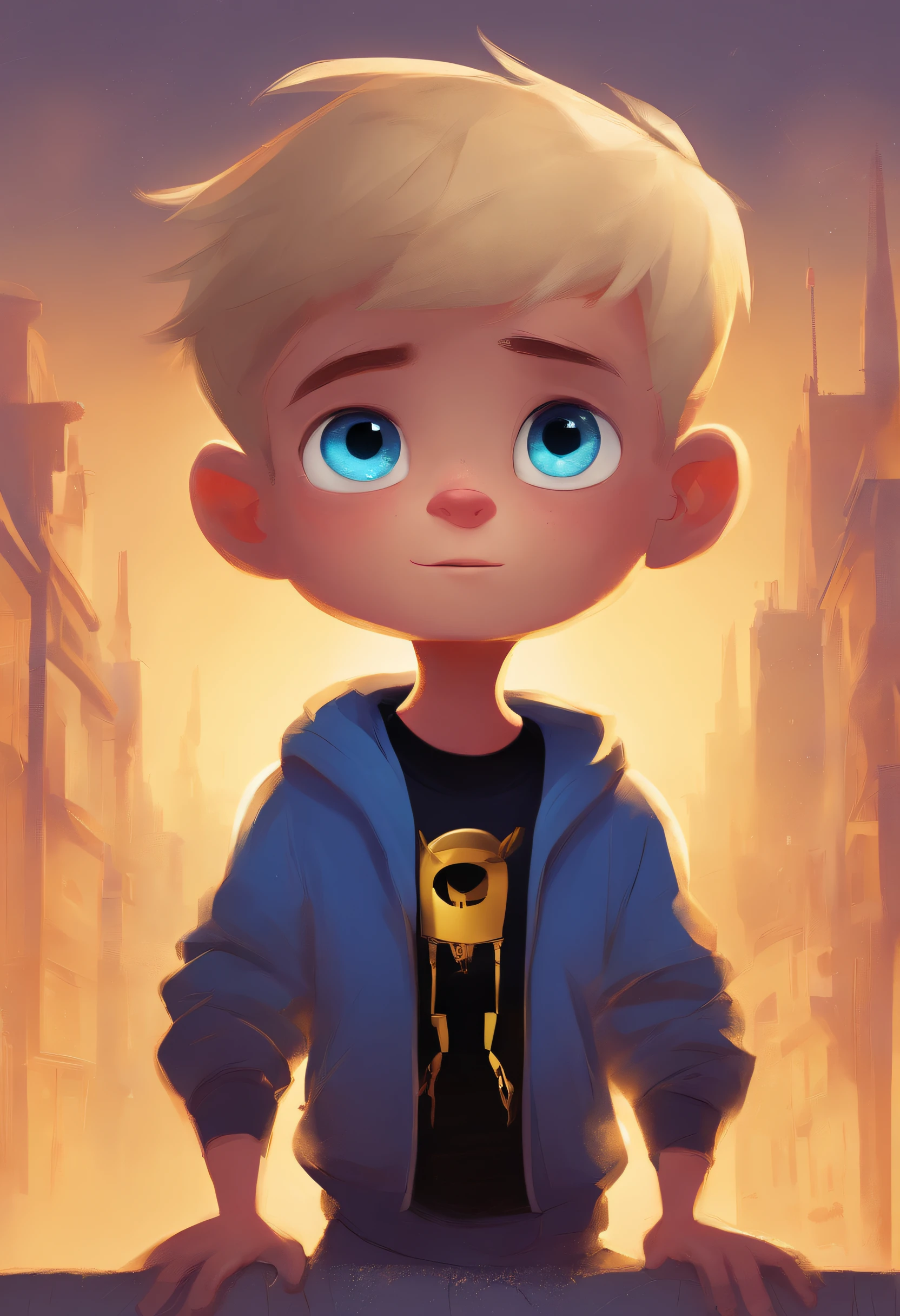 Pixar style of a boy with beige skin, short blond hair, blue eyes, black sweatshirt and golden background