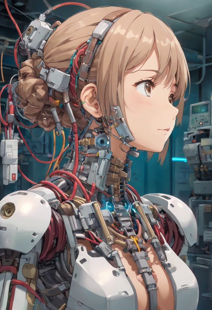 (((巨作))), ((Best Quality)), ((A highly detailed)), (CG Illustration), (Very elusive and beautiful)), (Cute desktop face), cinematic light, ((1 Mechanic Girl)), one, full, (Machine-made couplings). : 1.4), ((Mechanical limb)), (Blood vessels connected to the tube), ((Mechanical spine attached to the back)), ((Mechanical cervical vertebrae attached to the neck), ((War Machine)), expressionless, (Wires and cables connected to the head and body: 1.5), (Focus on personality), sci-fi