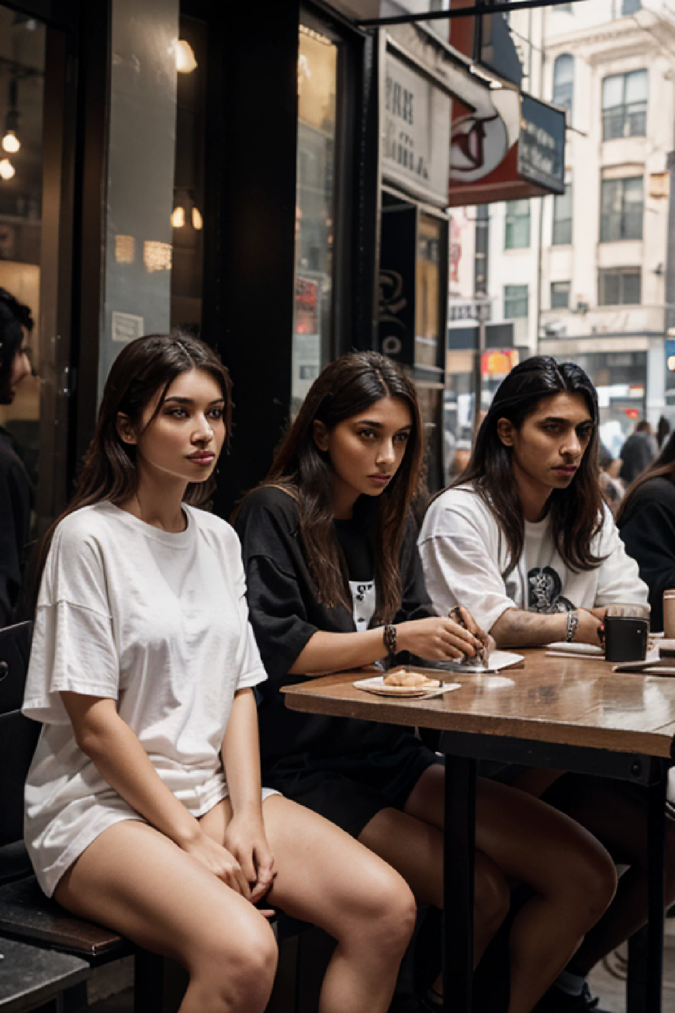 group of middleeastern models sitting to eat in soho NYC, wearing fear of god style streetwear, loose, oversized t-shirt