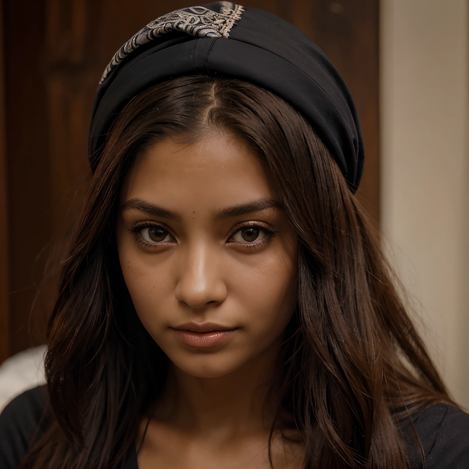 Criar personagem humana com pele morena clara, olhos pretos puxados, cabelo preto longo, roupa branca, Cloth on the head, em uma noite.