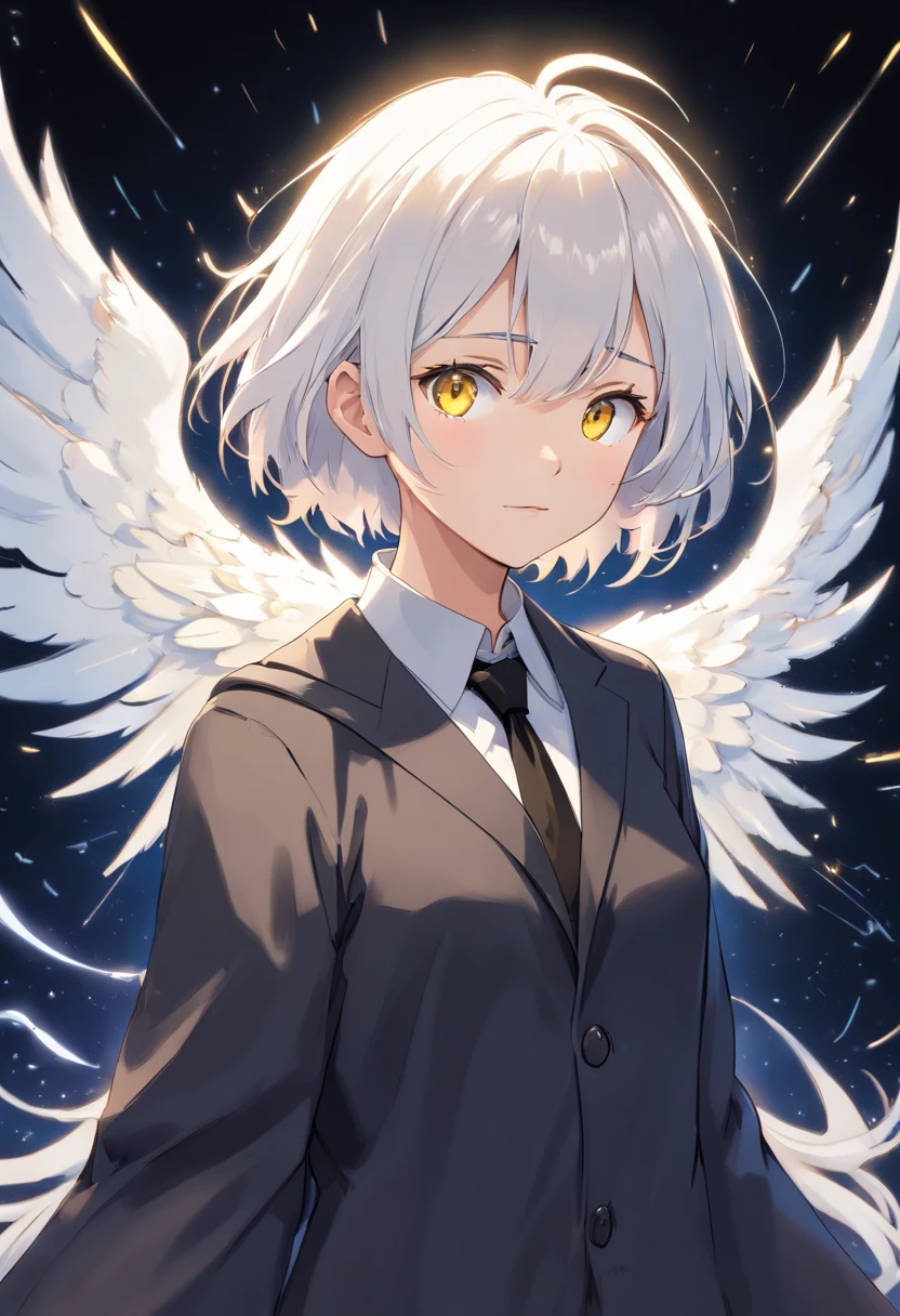 (巨作, Best Quality:1.3), (A highly detailed:1.3), 1girl, 独奏, (White hair, messy hair, short hair hair), (angel wings, Malak Hollow.), flat chest, Yellow eyes, (white shirt, black necktie, black coat, open coat), cowboy shot, cinematic lighting, (((Incandescent light particles))), (arms behind the back), dynamic angle,