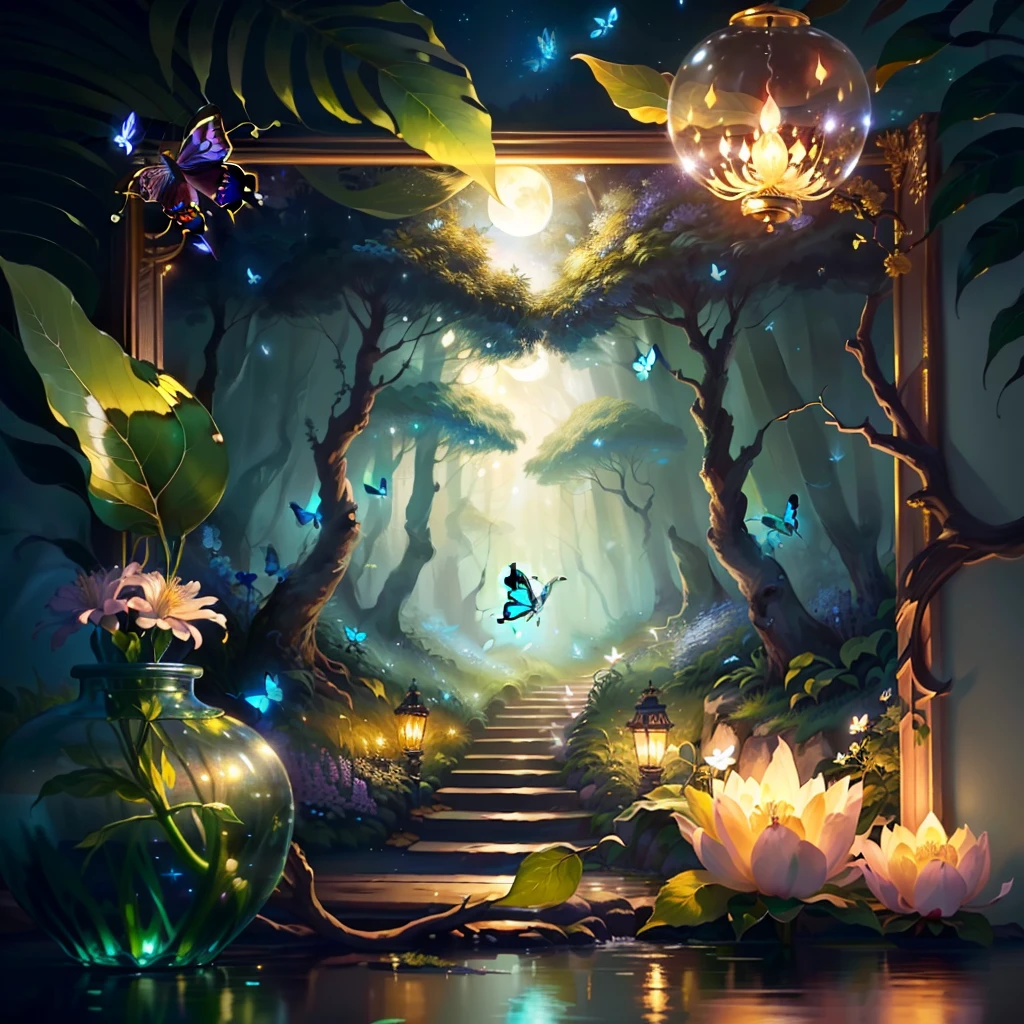 4 small glowing beautiful butterflies with transparent wings are flying around a night forest landscape with beautiful flowers, bushes, sparkling water, moonlighting (extremely detailed CG unity 16k wallpaper), most beautiful artwork in the world, professional majestic oil painting, intricate, high resolution, Sharp focus, dramatic, photorealistic, painting art, hyper-realistic, (Van Gough Style)