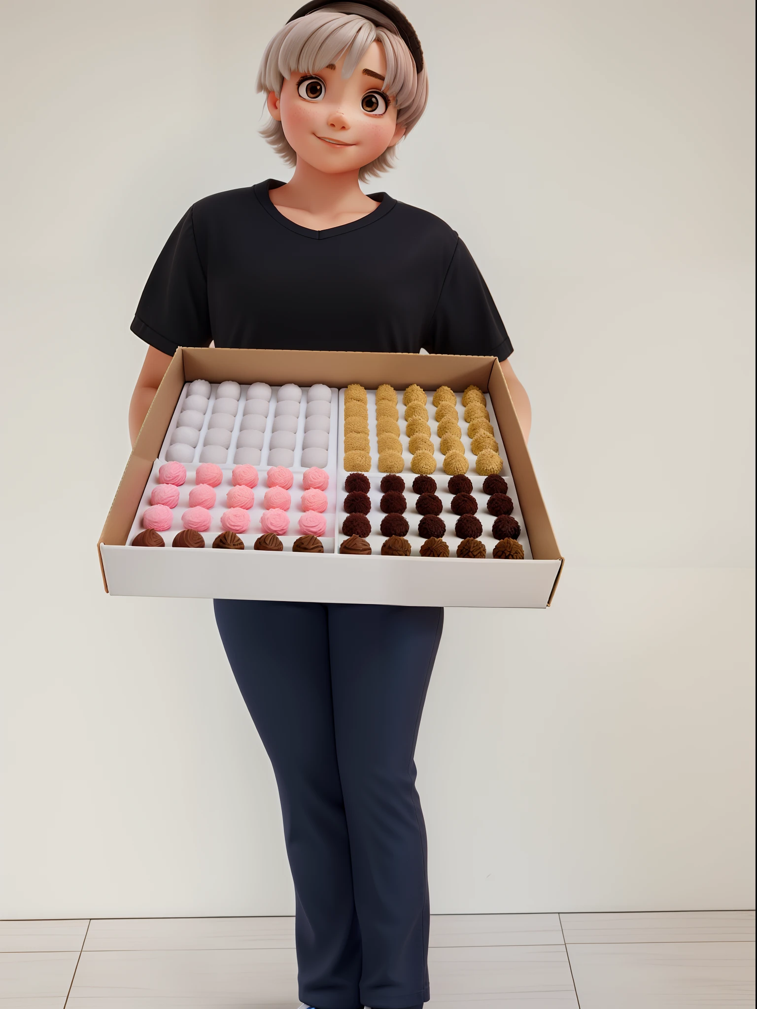 Young girl with short hair holding a box with several brigadeiros