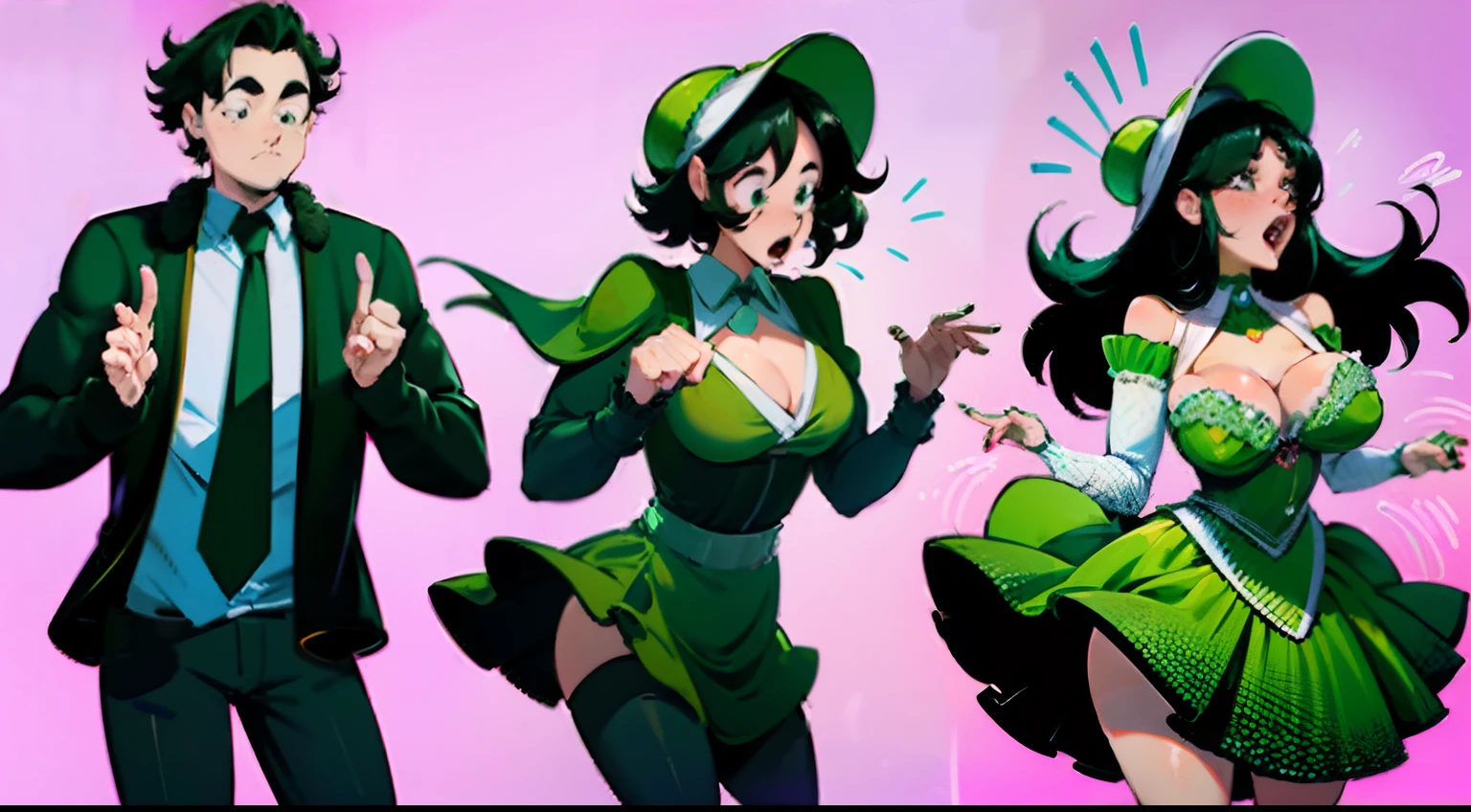 An ultra masculine man transforming into an ultra feminine Housewife in 3 stages. Extra Large Boobs, Middle transformation in a combination of the first and third figure, Fit all Figures in drawing, Wearing a Bonnet, Wearing a green gown, Three figures