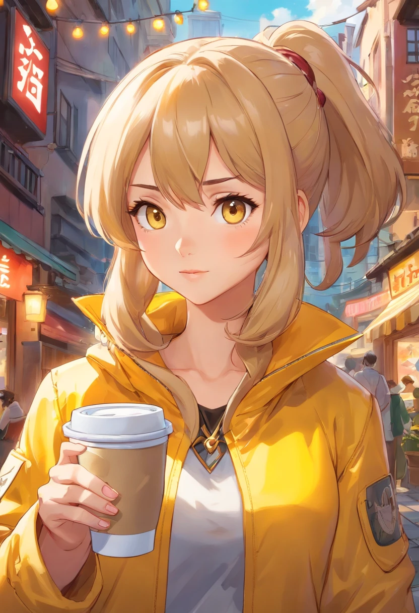 Woman wearing a yellow jacket holding a cup of coffee, extremely detailed artgerm, Anime girl drinking energy drink, سينا من League of Legends, Beautiful Brigitte from Overwatch, Brigitte of Ovrach, Ruan Jia and Artjlm, Trending Art Crime, Faye Valentine, Like Art Germ., Ring Murata and Artjlam, ig model | artgerm