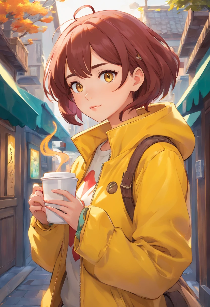 Woman wearing a yellow jacket holding a cup of coffee, extremely detailed artgerm, Anime girl drinking energy drink, سينا من League of Legends, Beautiful Brigitte from Overwatch, Brigitte of Ovrach, Ruan Jia and Artjlm, Trending Art Crime, Faye Valentine, Like Art Germ., Ring Murata and Artjlam, ig model | artgerm