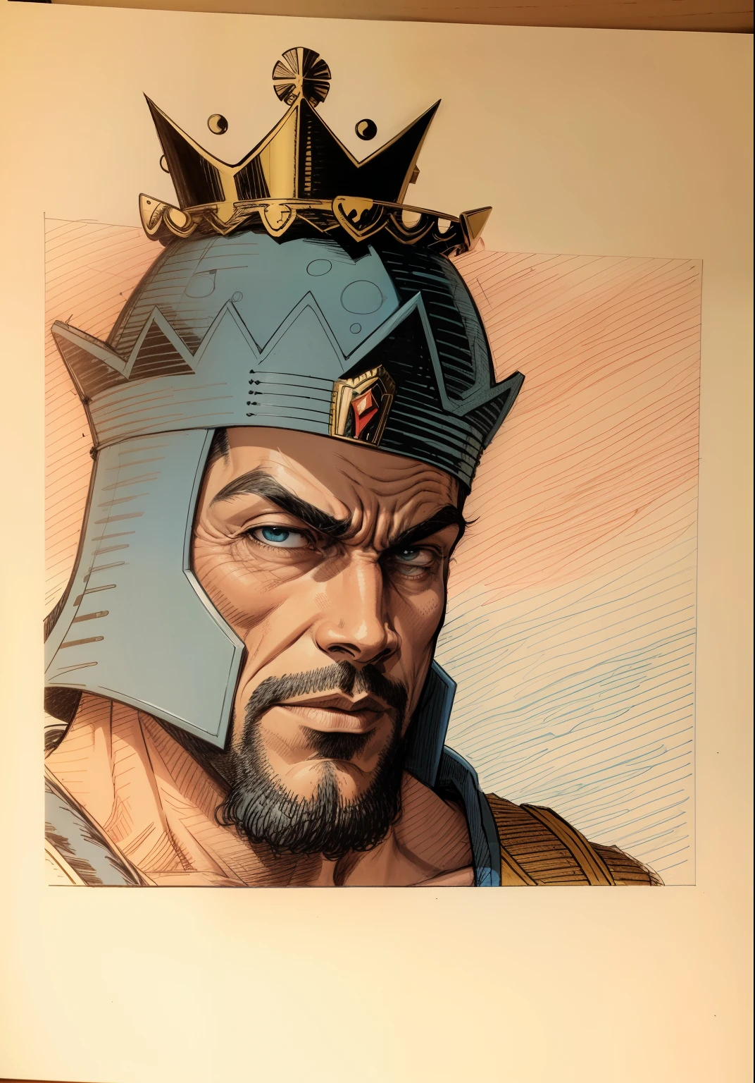 a drawing of a man with a crown on his head, inspirado em Brian Bolland, inspirado em Jack Kirby, inspirado em Jean Giraud, inspired by Mœbius, inspirado em Alex Toth, Rei da entropia, inspirado em Wally Wood, inspirado por Rob Liefeld, tinta e tom de tela