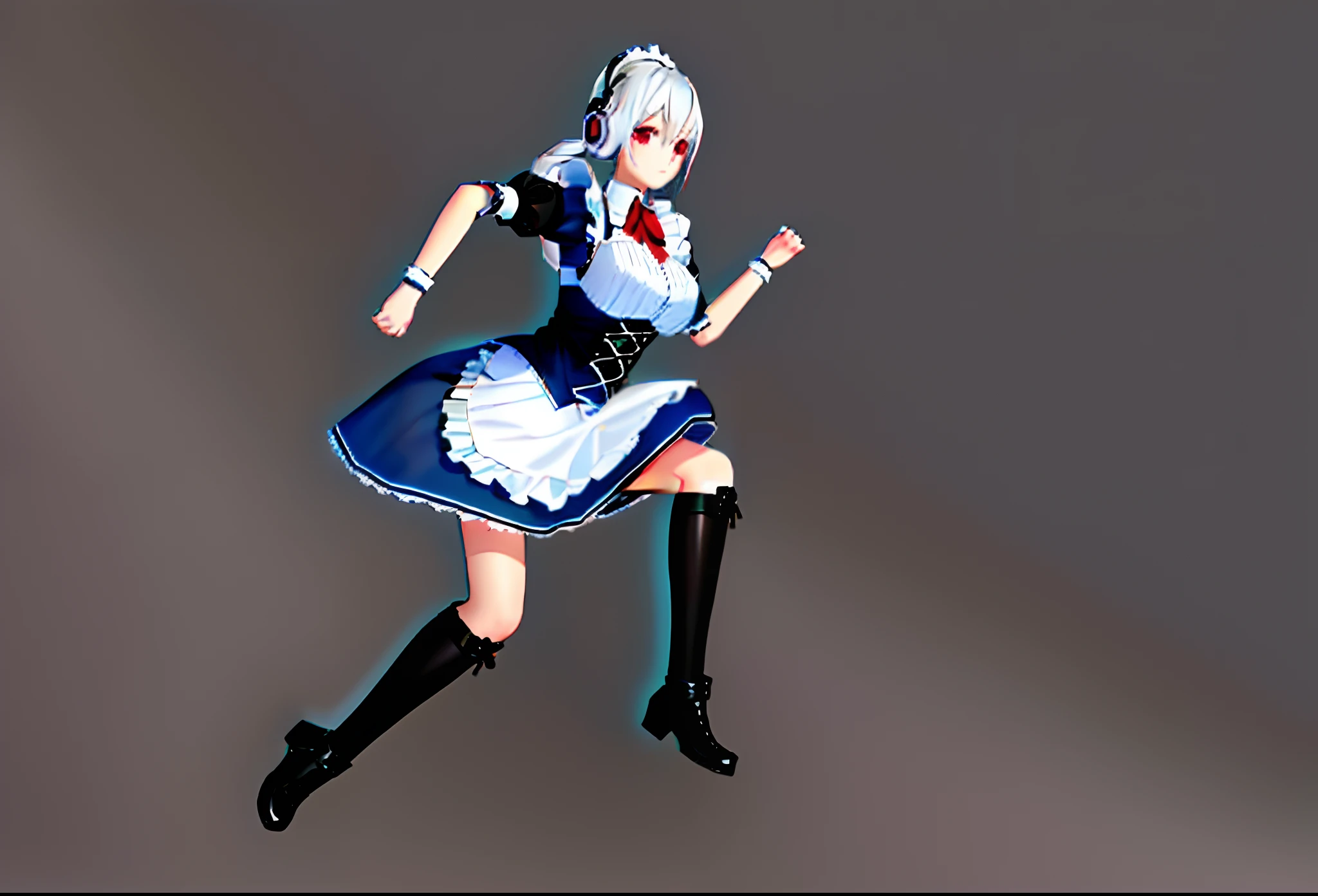 (Happy eyes: 1.8) (The left eye is blue: 1.5)(The right eye is red: 1.5) (Looking forward: 1.5) Anime character in black and white costume and headphones, anime girls in maid costumes, Cool 3D Anime Girl Rendering, anime girls in maid costumes, maid clothes, gorgeous maid, white haired god, Blue and Red Odd-Eye, twintails white_gloves