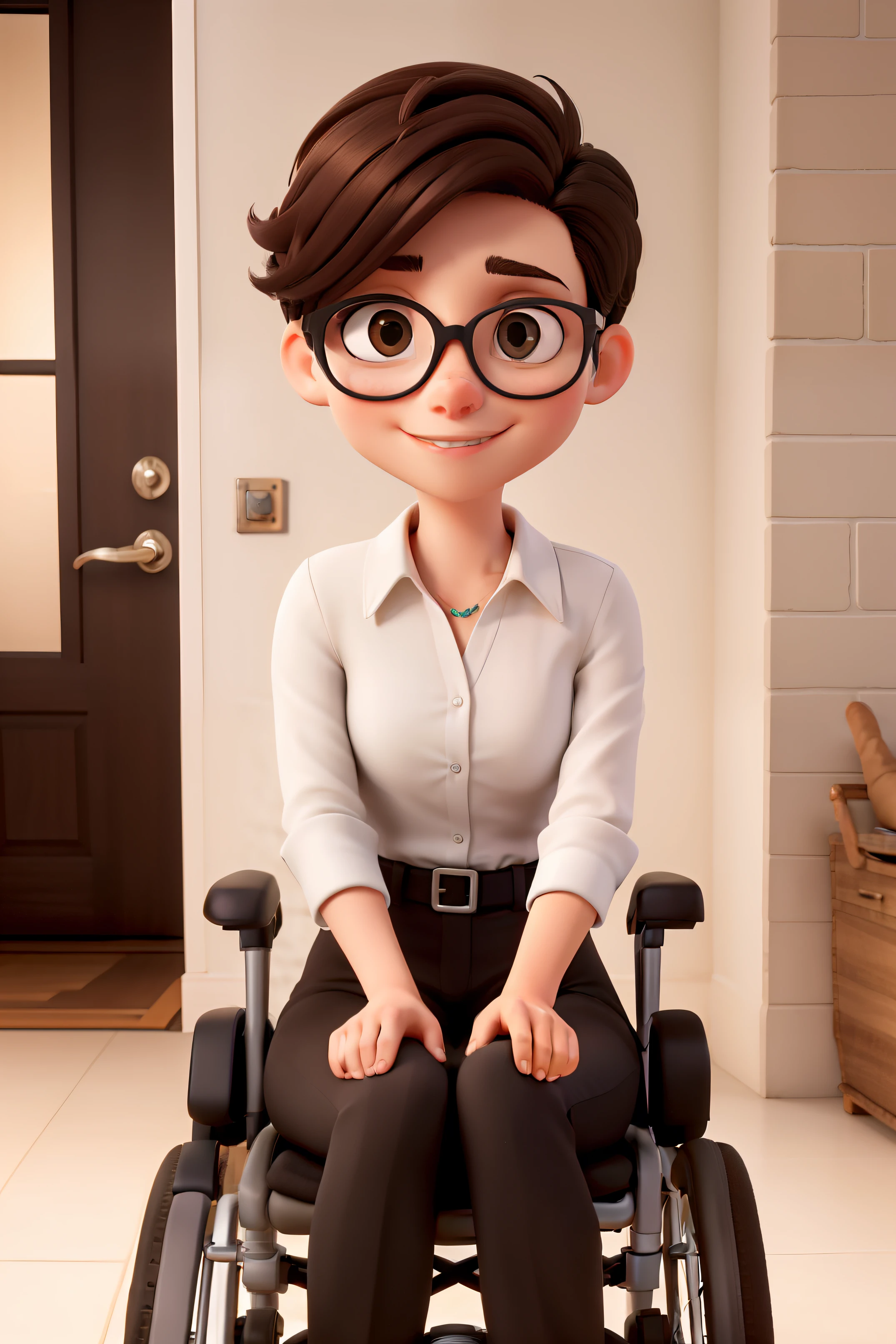 Obra-prima, de melhor qualidade, A white girl with short dark brown hair pixie style, Wearing black glasses in a wheelchair