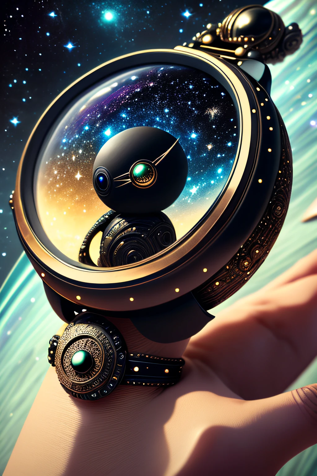 A very pretty, very detailed, textured and realistic alien watches the galaxy and a black star takes away a planet