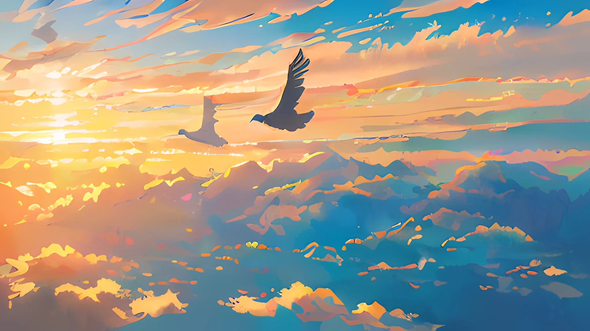 (bird:1.1, graceful:1.1, gliding:1.1, vibrant sky, wings outstretched, gracefully navigates, radiant sunset, mid-flight, symbolizing freedom, serenity), (highres:1.2, ultra-detailed, realistic:1.37), (landscape, painting), (vivid colors), (soft, warm lighting)