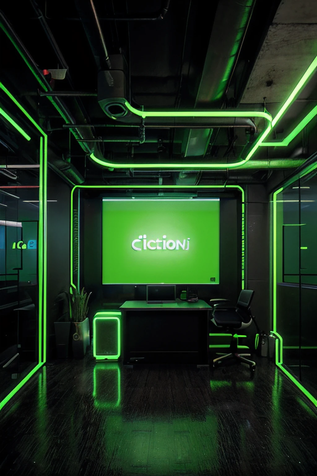 hitech office, Green Neon scene, cyber, background, no character