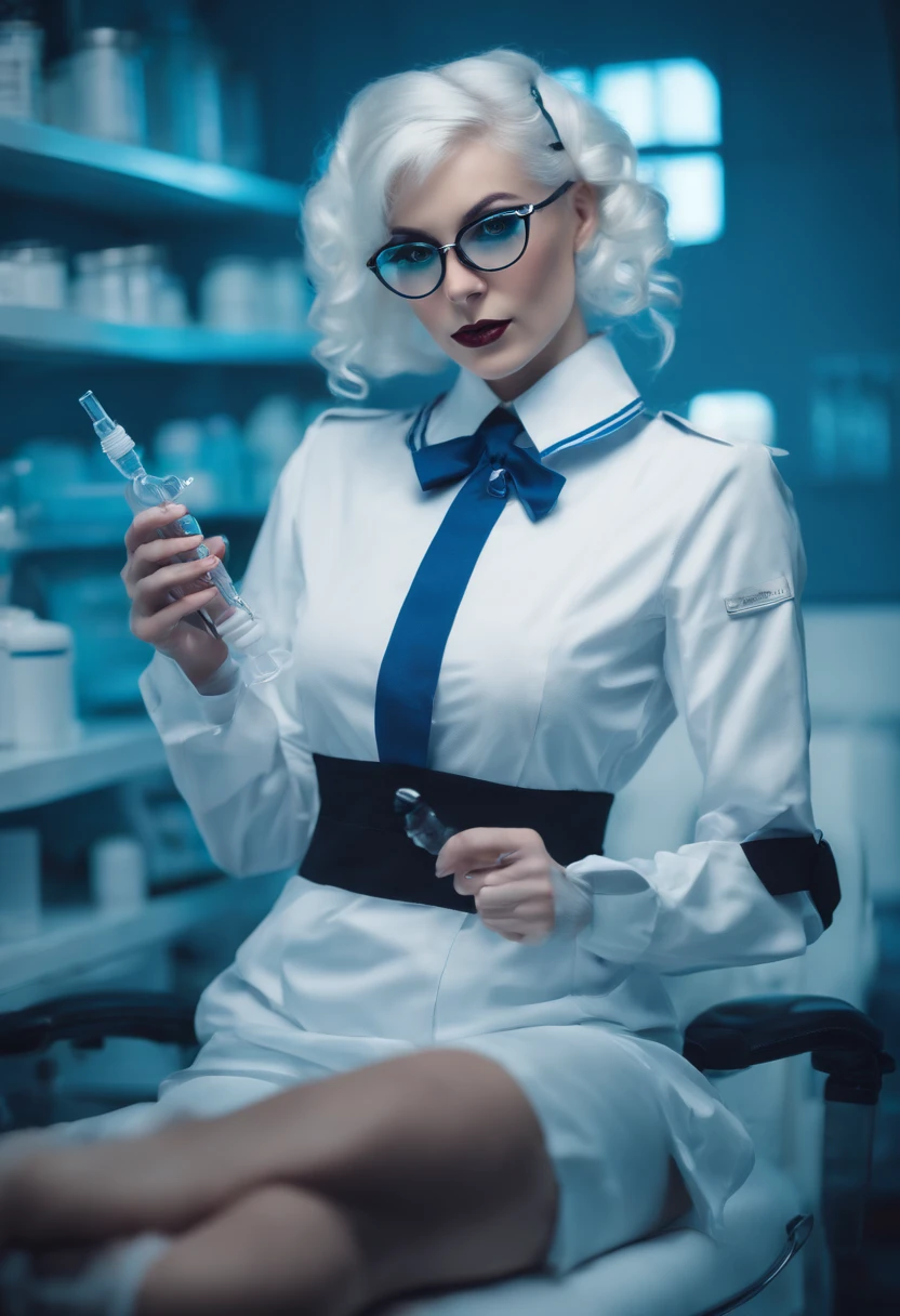 Cyberpunk style lolita glasses girl white hair blue eyes tight nurse uniform white stockings white high heels holding an injection syringe in her hand with a soothing smile on her face