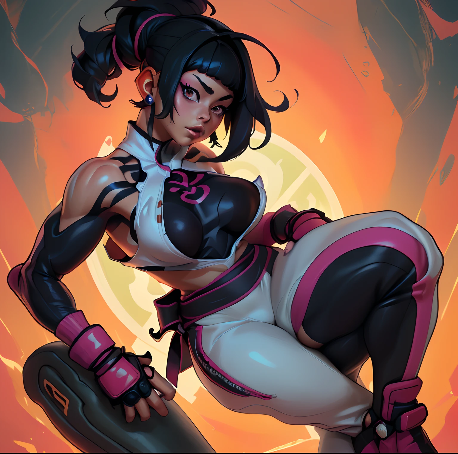 ((La mejor calidad)), ((Obra maestra)), ((Realstic)) y pcalienteography ultra detallada, Juri Han, Pretty Girl Juri Han Street Fighter, Guapa, cabello negro, Partido, neon light. lleva un (High-tech clothing) y un (Cuerda negra, red pattern:1.2) , ((beautiful and aesthetic)), sexy, senos grandes, caliente, pecho grande, Eigaka E6, (pecho gigantesco:1.3)