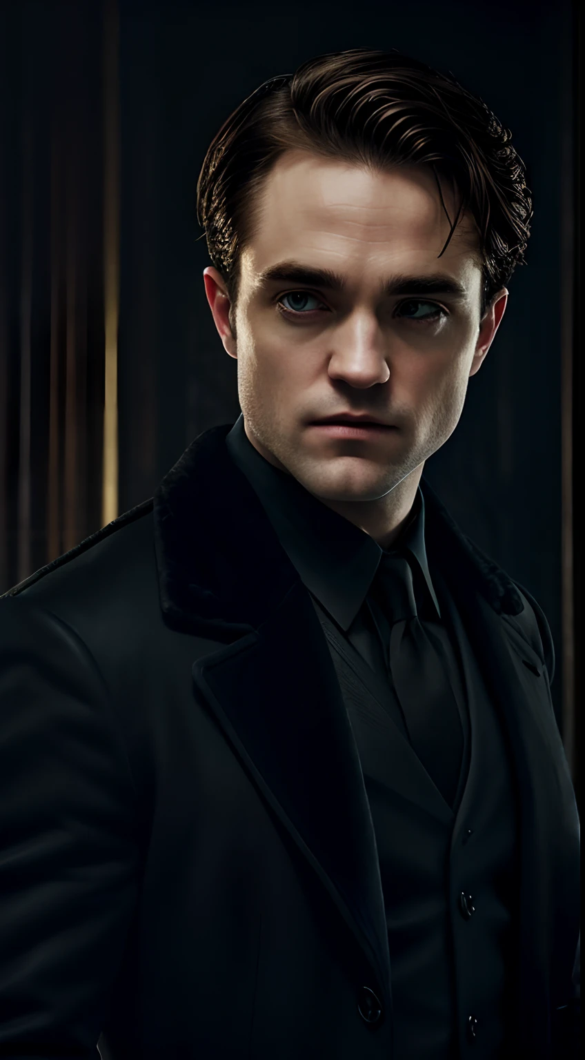 Robert Pattison as Bruce Wayne intense gaze, dark hair, luxurious velvet coat, intricate details, realistic brushwork, soft lighting, dramatic contrast, rich color palette