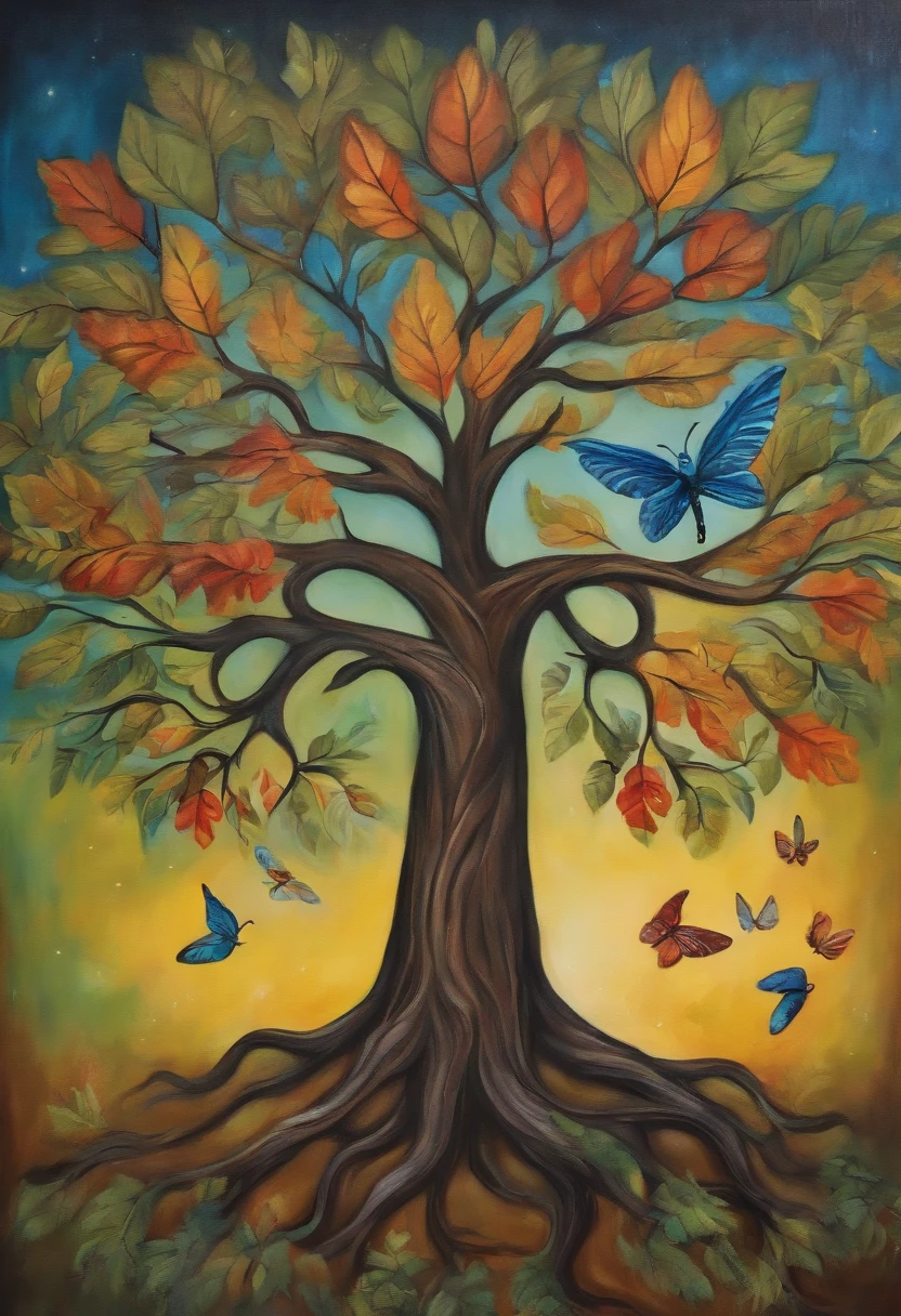 A tree with roots and wings, Hand painted children's style