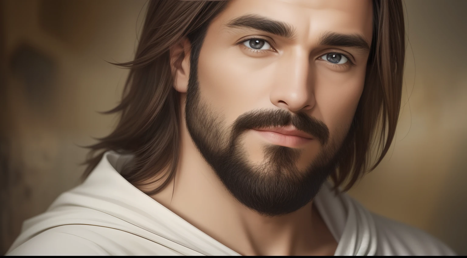 Um belo retrato realista ultra-fino de Jesus, O Profeta, um homem 35 anos moreno hebraico, cabelos castanhos curtos, olhos perfeitos reais, barba marrom longa, , wearing long linen tunic closed on the breast part, Obra-prima em vista frontal, corpo inteiro, biblical,
