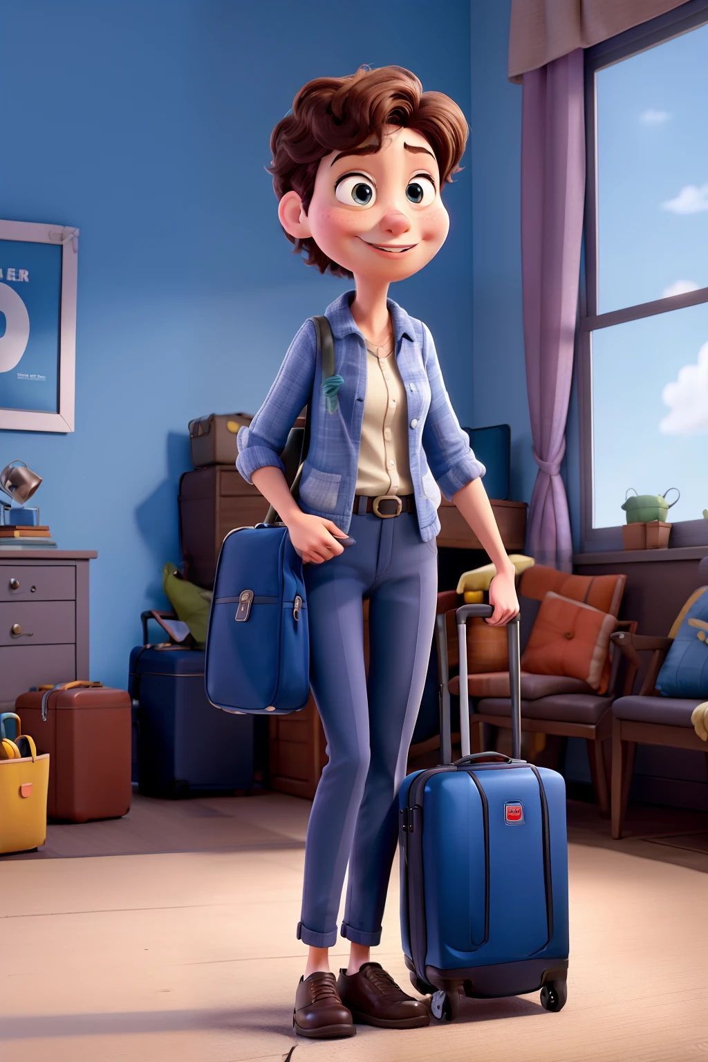 Pixar style movie poster with a person pulling several suitcases