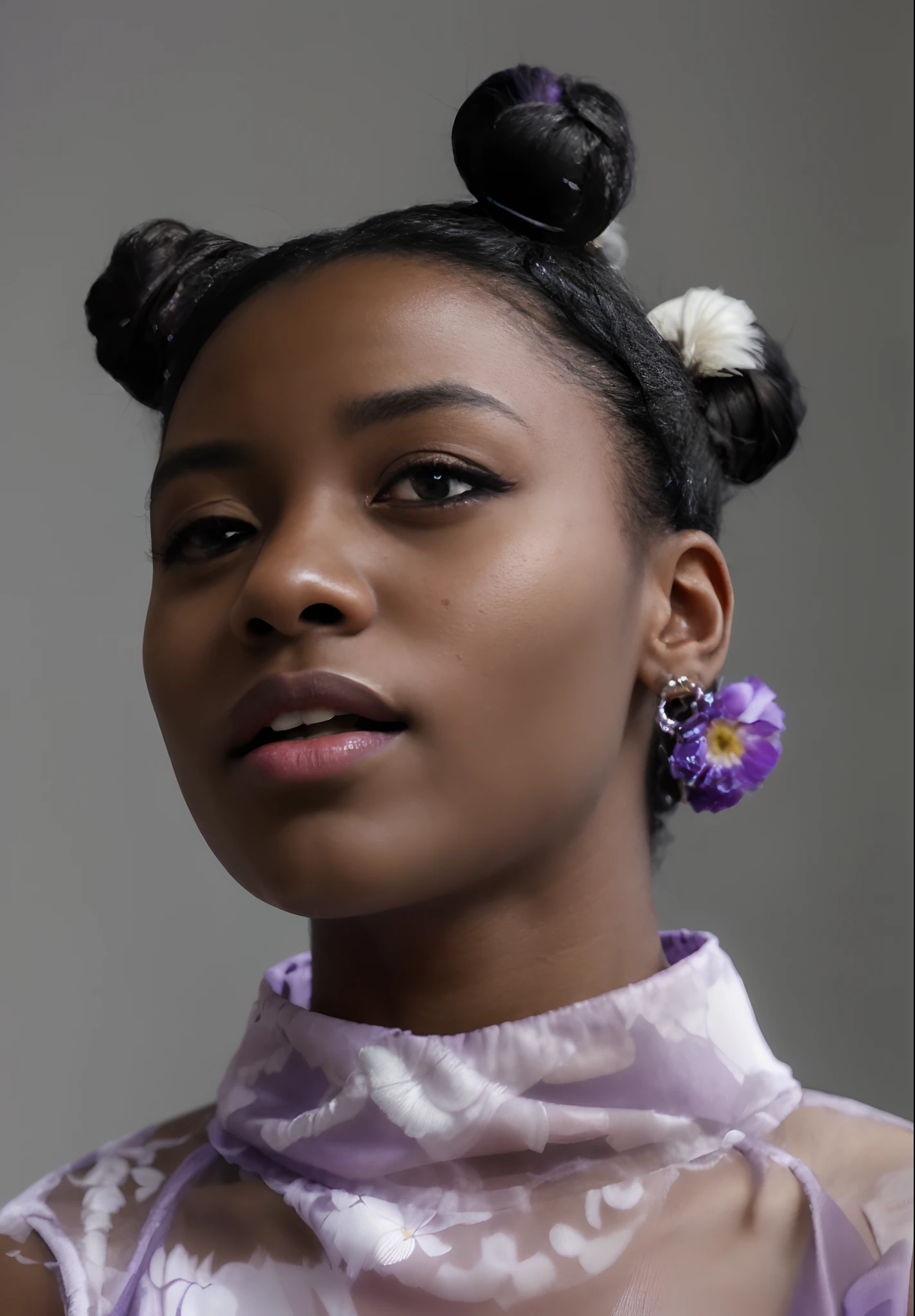 a close up of a woman with black hair and purple eyes, portrait of willow smith, simple purple background,portrait willow smith, medium close up portrait, photo of a black woman, edited, maria borges, mid portrait, inspired by Sophia Beale, black young woman, by Winona Nelson, dark-skinned, ashy, childish look, ebony, close up portrait shot