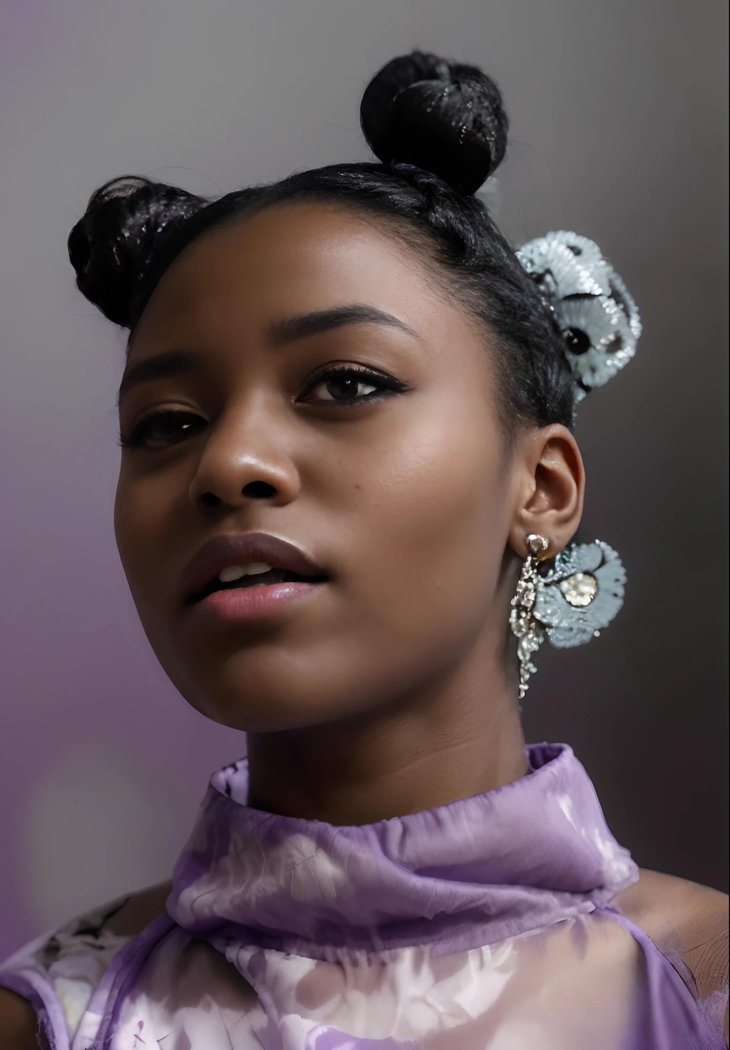 a close up of a woman with black hair and purple eyes, portrait of willow smith, simple purple background,portrait willow smith, medium close up portrait, photo of a black woman, edited, maria borges, mid portrait, inspired by Sophia Beale, black young woman, by Winona Nelson, dark-skinned, ashy, childish look, ebony, close up portrait shot