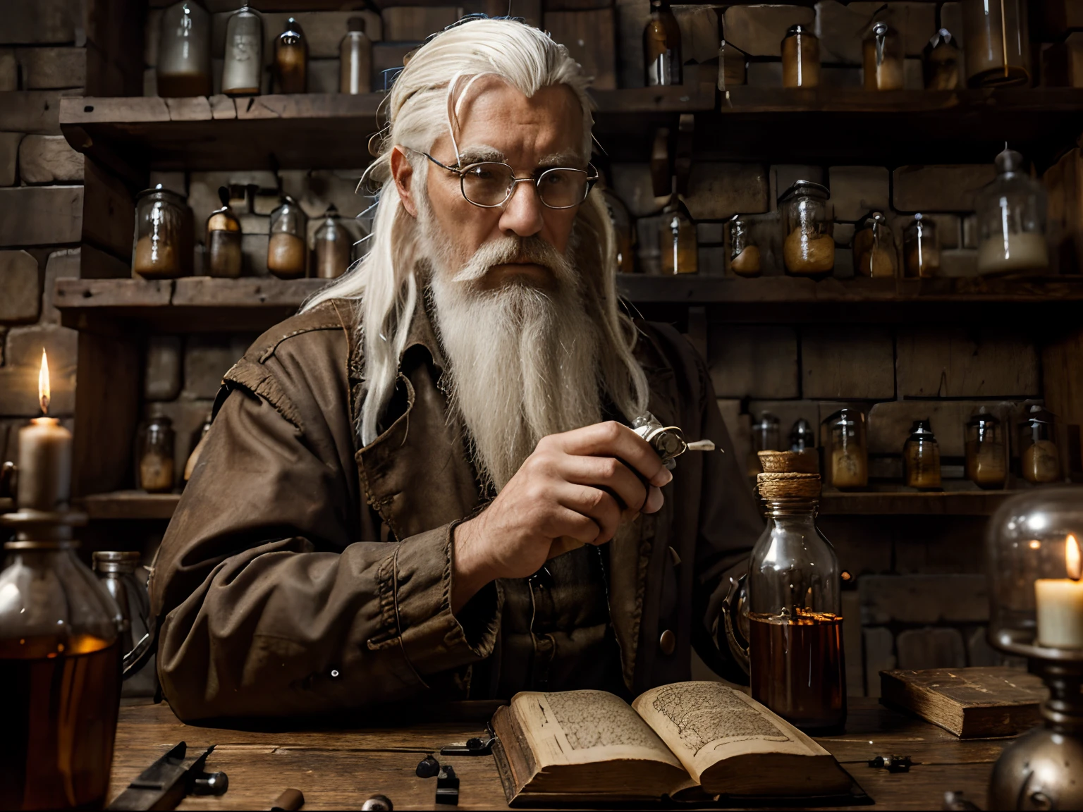 old man steampunk alchemist,wild white hair,beard,perfectly drawn hands,test tubes,vials,bottles,dungeon laboratory,medieval,candle lit,old books,wooden shelves,clocks,time pieces,glass jars,stone walls,dark,gloomy,