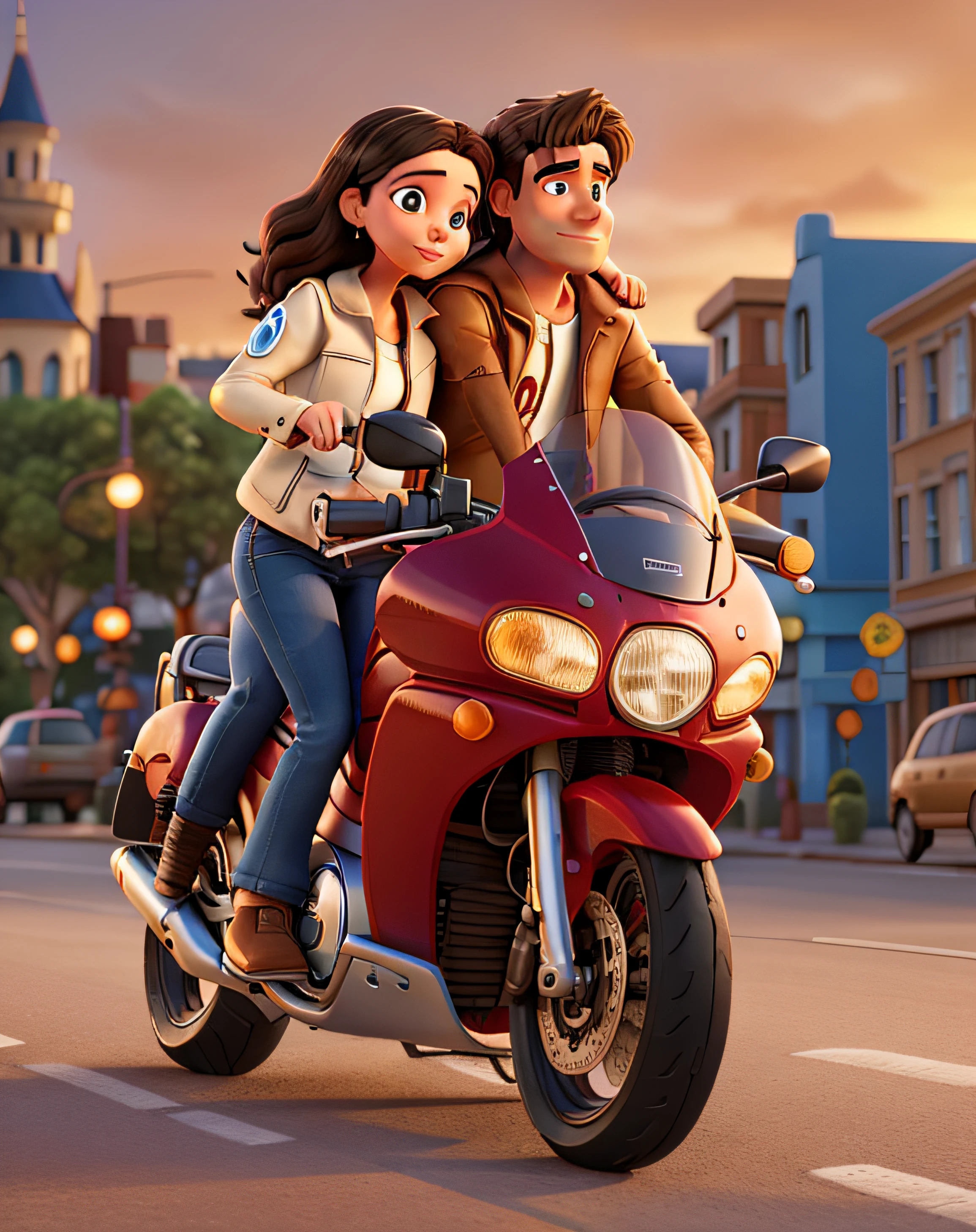 Create a Disney movie set in Pixar 3D mode. There is a woman with bright brunette, this woman has light brown skin, with eyelashes, wearing a leather jacket hugging a man with black hair, white skin, black beard, this man has failed eyebrows, he is wearing a leather jacket, They are on top of a big red motorcycle, an Nmax 160, on the road, in the background the sunset