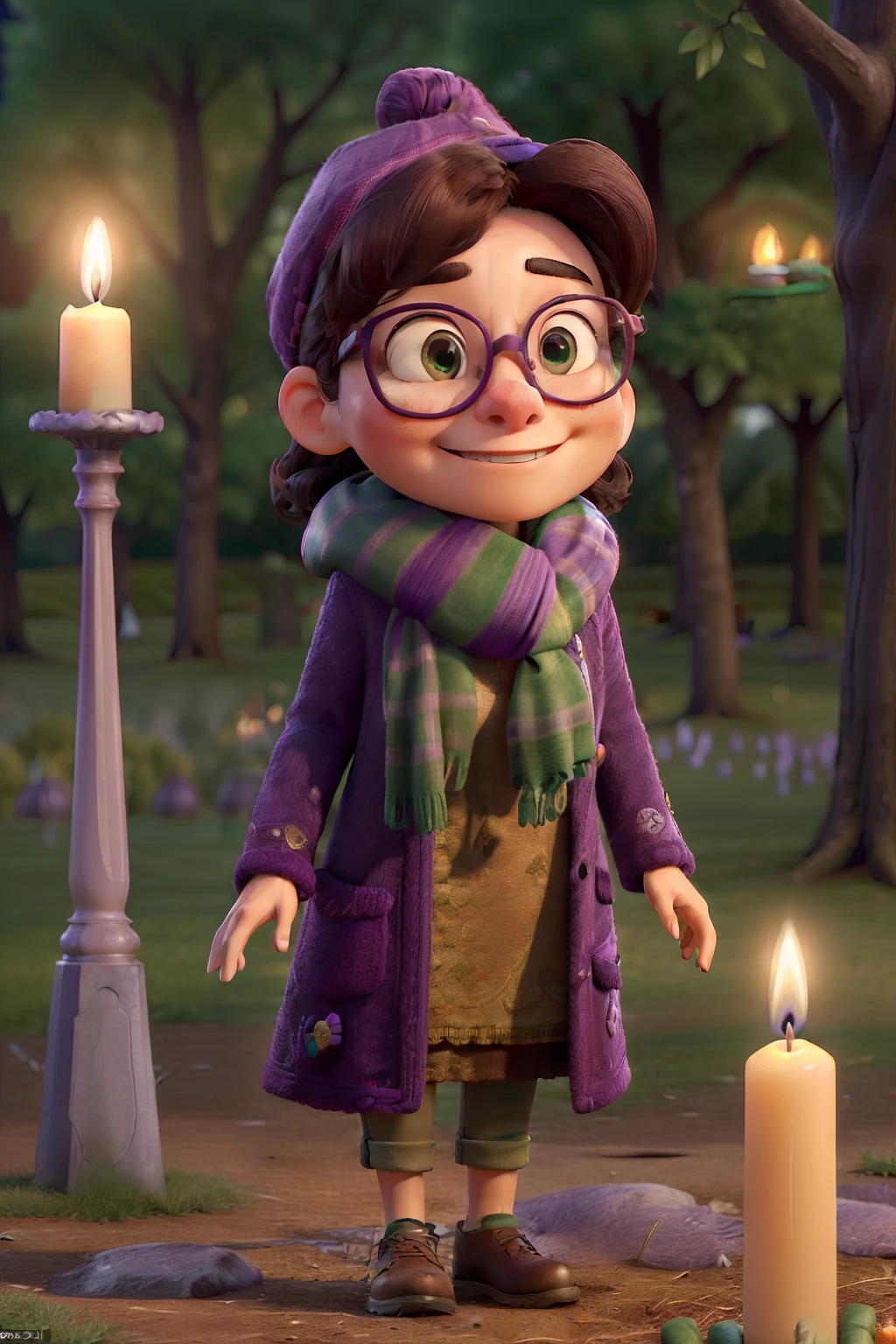 (best quality:1.2,ultra-detailed,realistic:1.37),a woman with glasses and scarf, wearing a purple coat and green scarf, standing in the park with candles in hand, candles all lit on the ground