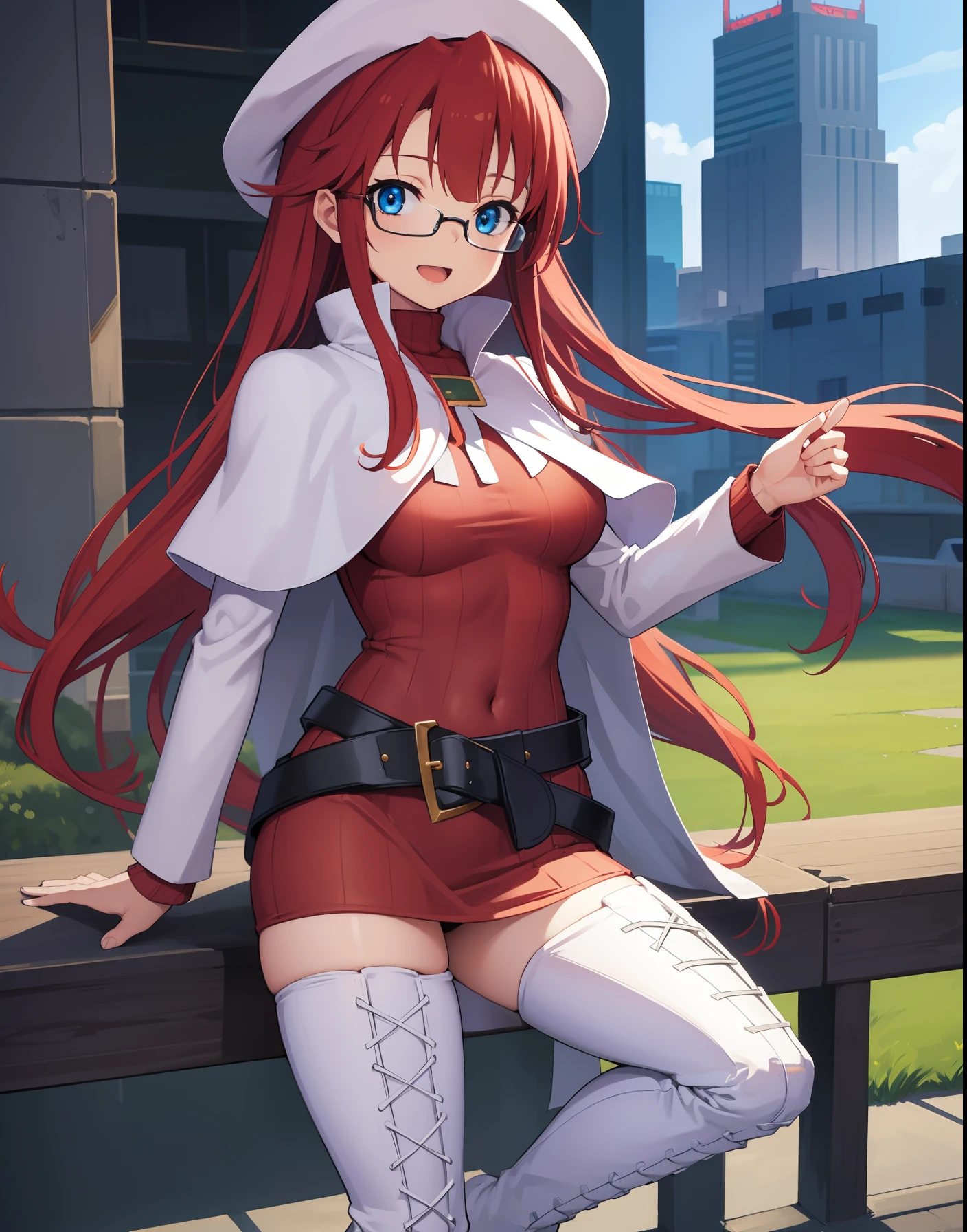 summonnightaty, aty, long hair, blue eyes, red hair, beret, hat, glasses,
BREAK long hair, thighhighs, hat, dress, boots, glasses, belt, cape, sweater, zettai ryouiki, beret, thigh boots, white footwear, ribbed sweater, loose belt,solo,
BREAK outdoors, fantasy_town,
BREAK (masterpiece:1.2), best quality, high resolution, unity 8k wallpaper, (illustration:0.8), (beautiful detailed eyes:1.6), extremely detailed face, perfect lighting, extremely detailed CG, (perfect hands, perfect anatomy),covered_nipples,covered_navel,light_smile ,walking,(half_eyes:1.2),light_open_mouth,sword,armpit,sleepy,sitting,red_sweater,