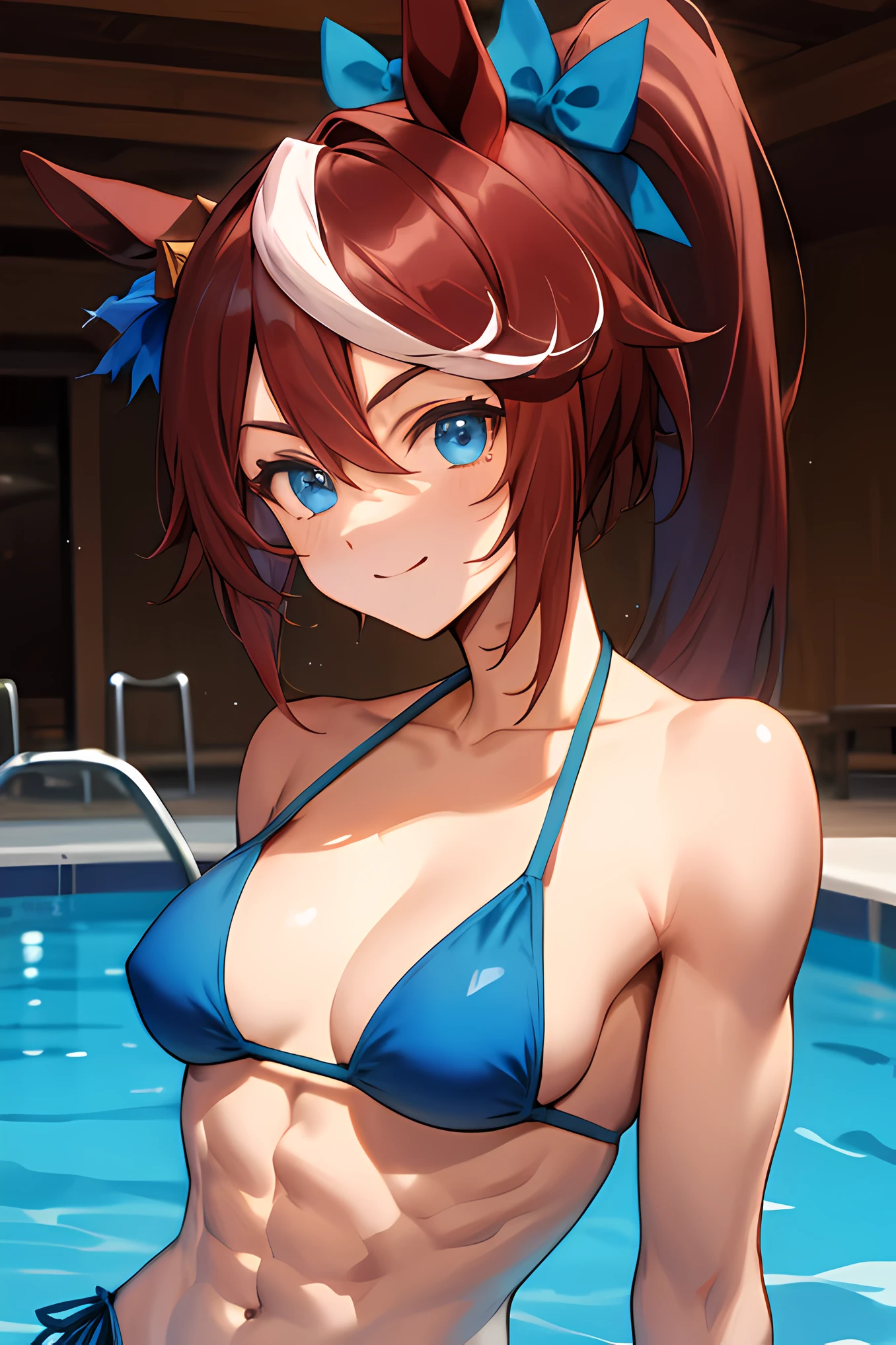 tokai teio \(umamusume\), masterpiece, best quality, ultra-detailed face, muscle, abs, frontage, upper body, plain bikini, horse tail, pool, light smile, detailed clear eyes, slender