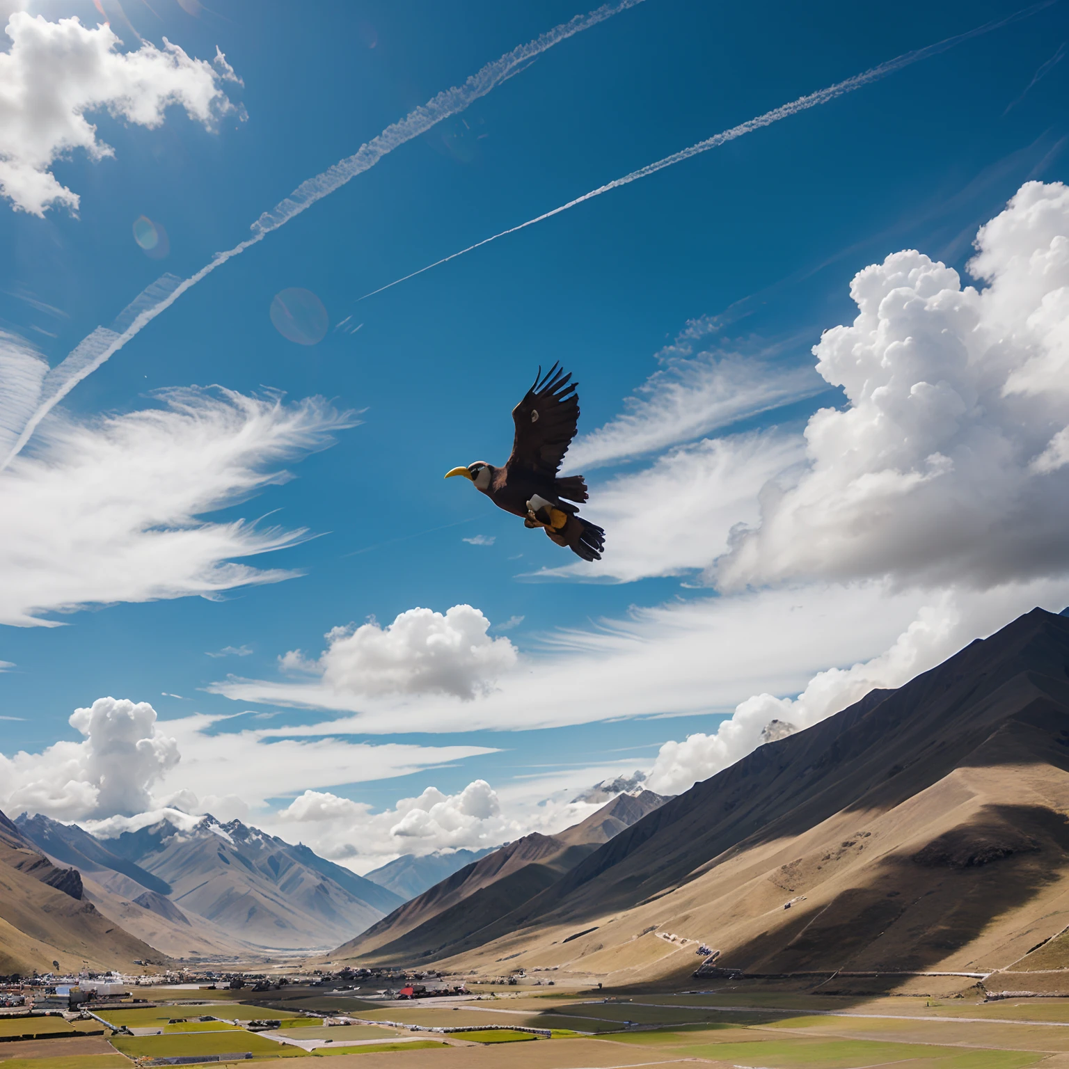 Generate the image of the colca Arequipa, Peru, that includes The condor flying in the Peruvian skies that boosts the clouds as if it were cotton