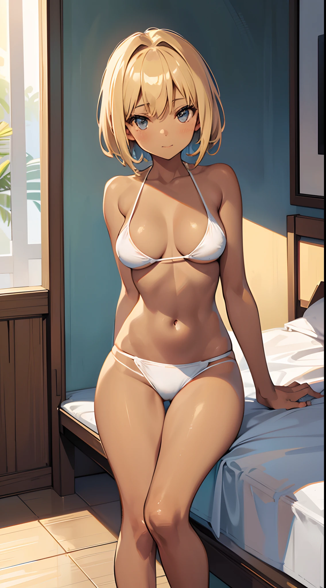 Young woman in a tan bikini sitting in a bedroom, in a tan bikini, sexy, tube-top bikini, tiny waist, tan colored bikini, pixie cut, rule of thirds, masterpiece, volumetric lighting, high quality texture, warm colors, light smile, bare skin, thigh gap, bare legs, (tan skin:1.2), cleavage, facing viewer, portrait