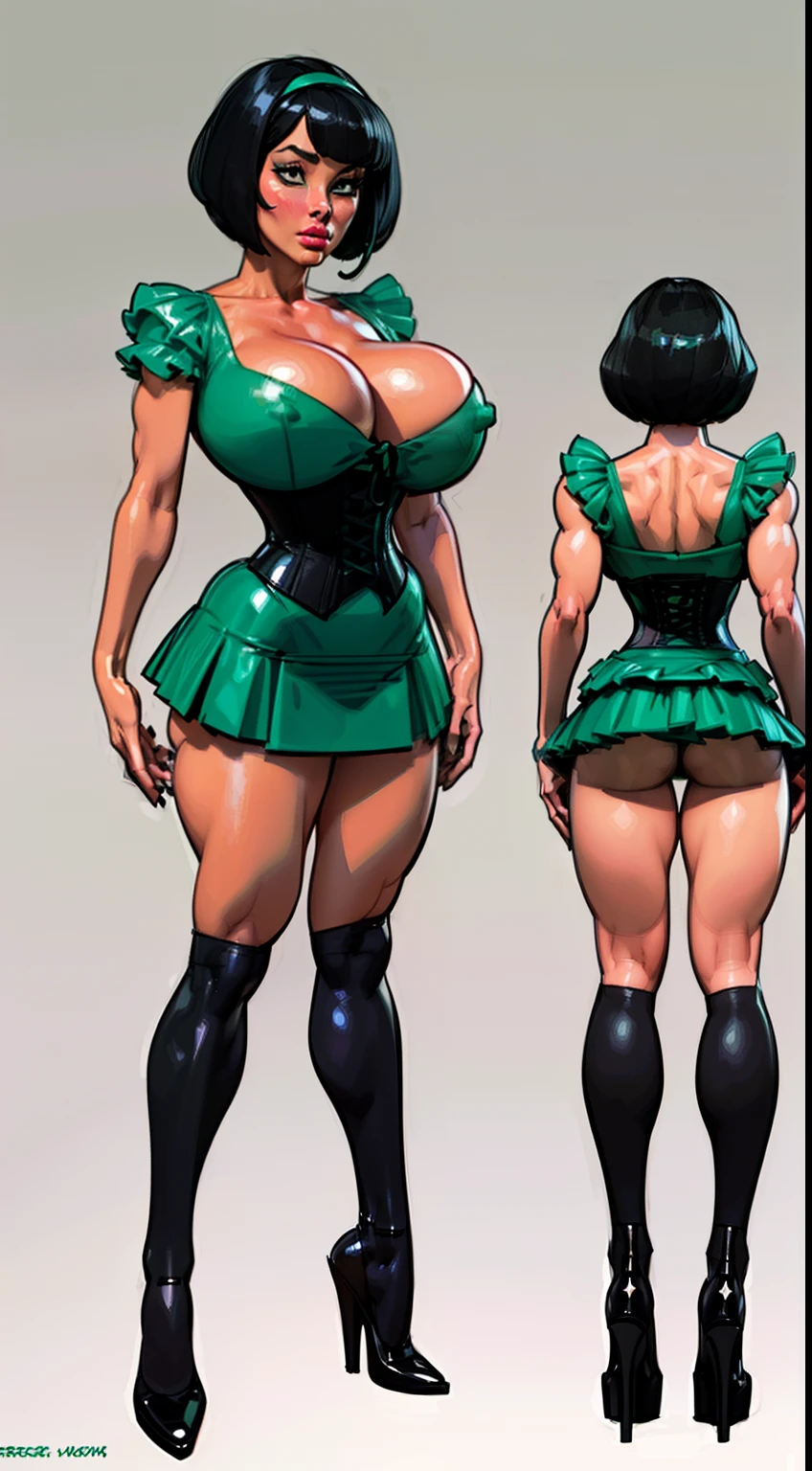 ((masterpiece)),(((best quality))),((character design sheet)), ((full body view)) illustration,1girl, muscular, ((tight mintgreen skirt:1.2)), buttercup, (mintgreen hairband),(dark black hair:1.3), greendress ((detailed face:1.4)) ((gigantic breasts:1.3)), ((latex legs)), beautiful woman, slick bobcut, ((black corset:1.1) )shiny skin, (thick legs), scribbles and marks, , rough sketches, pose, 8k,16k, (simple background, white background: 1.3)