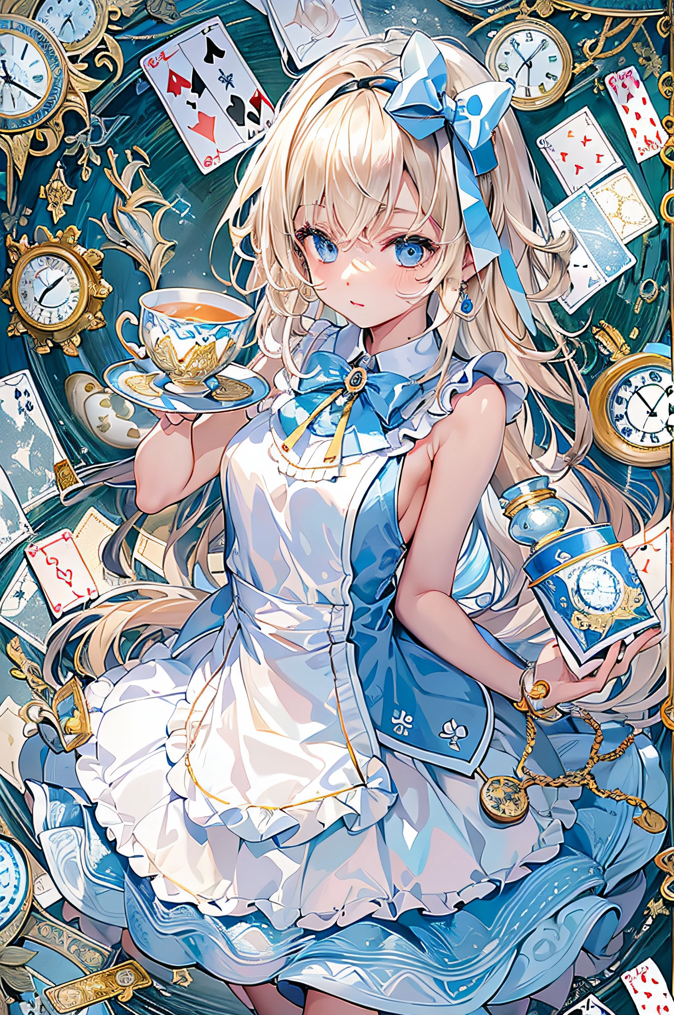 (masuter piece、top-quality、Mystical、Beautifully Aesthetic、Perfect human body balance、offcial art、Impresionismo、von gogh:1.2)、(1 girl in:1.3)、(Fractal Art:1.0)、shinny skin、patterns、(alice in the wonderland:1.2)、(PlayingCards、tea cup、pocket watch:1.3)、(Tie your hair with a ribbon、Blue Dress、a miniskirt、beauty legs、White Apron、white sock、platinum-blonde、Blue eyes)、Exotic wallpapers、highly colorful、Abstract background、Fantastical