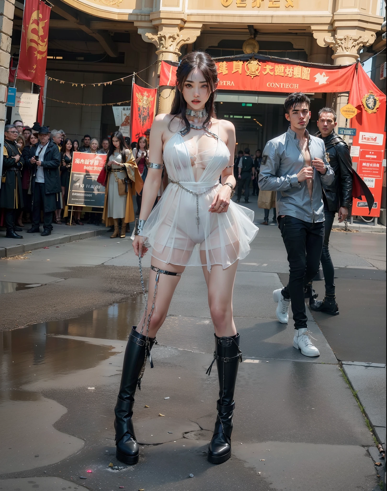 ,((Wearing a torn sheer costume of a superheroine)),(, No bra)), Wet crotch, Wet thighs, Beautiful girl with accentuated slender abs: 1.4, (((nipple tips protruding, areola is protruding, The shape of the pubic region is clearly visible)), sixpack abs: 1.4, Bust Botox, Photo, Sharpness, Unique 850 4, Koda850 k portrait camera, F1.6 shots, Ultra-realistic textures, Spectacular light textures, Cinestil 800 Fashion Mechanics, (futuristic sci-fi battle fashion: 1.1), (tied perfectly by chain), Restraint, Slaves, collars, ((wide prison with sunlight)), Dark fantasy, Realistic material details, extreme hight detail, Ultra-realistic materials ((Torn costume))), Wet, Cloudy, (Chained)), ((big emphasized by chains)), ((chains digging into crotch)), ( (Collar)), (, No bra), shredded costumes, broken golden shields and battle spears,, White combat gloves, Combat shoulder armor, Blood splattered on the face, Blood splattered, Realistic, (Bruises, Dirty, ripped clothing, skimpy clothing, Blood: 1.3), Torn Cape, Torn pantyhose, Long legs, ((iron pipe in the crotch)), Metallic shackles and fetters, ((chains hung from heaven)), Wet crotch is clearly visible, Swarovski's sword and the anatomy beneath his feet, (futuristic sci-fi battle fashion, Torn mesh stockings),