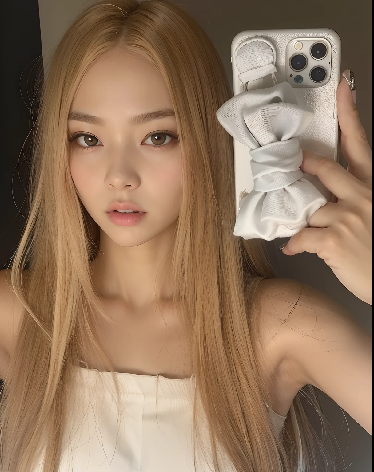 There's a girl who's taking a selfie with her cell phone, Parque Roseanne de Blackpink, Jossi de Blackpink, Blackpink Jennie, con pelo largo blanco, Peinado blanco de corte hime, Lalisa Manobal, Lalisa Manoban de Blackpink, su cabello es blanco, con cabello largo y rubio, con el pelo largo y blanco, Jaeyeon Nam, Eva Elfie