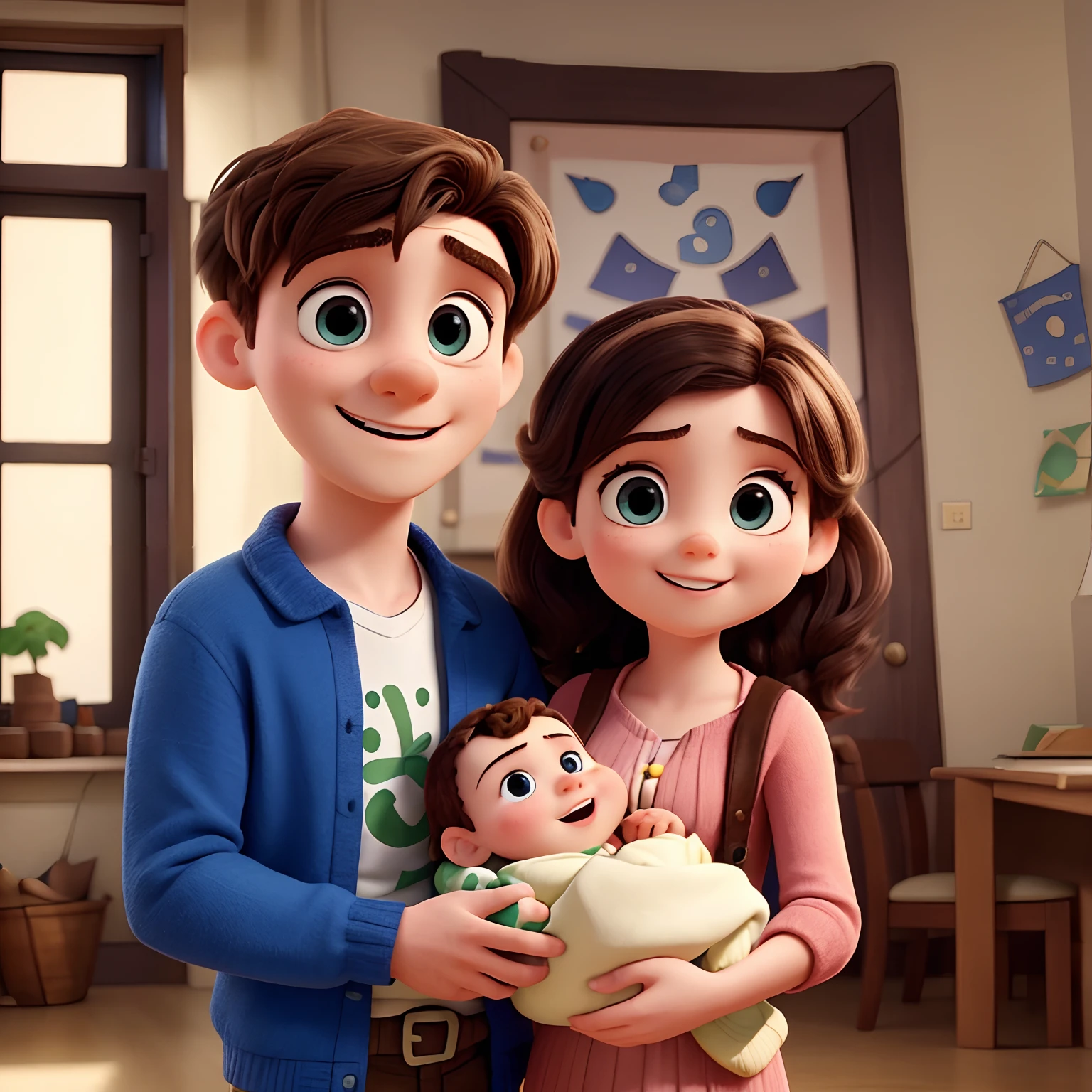 Group of four posing for a picture. The man is holding a two year old girl and woman is holding a new born in her arms. The new born baby is wrapped in a blue towel. the man and woman are both smiling. The group appears to be posing indoors against a wall. vibrant color and 4k quality image in 3d disney pixar style