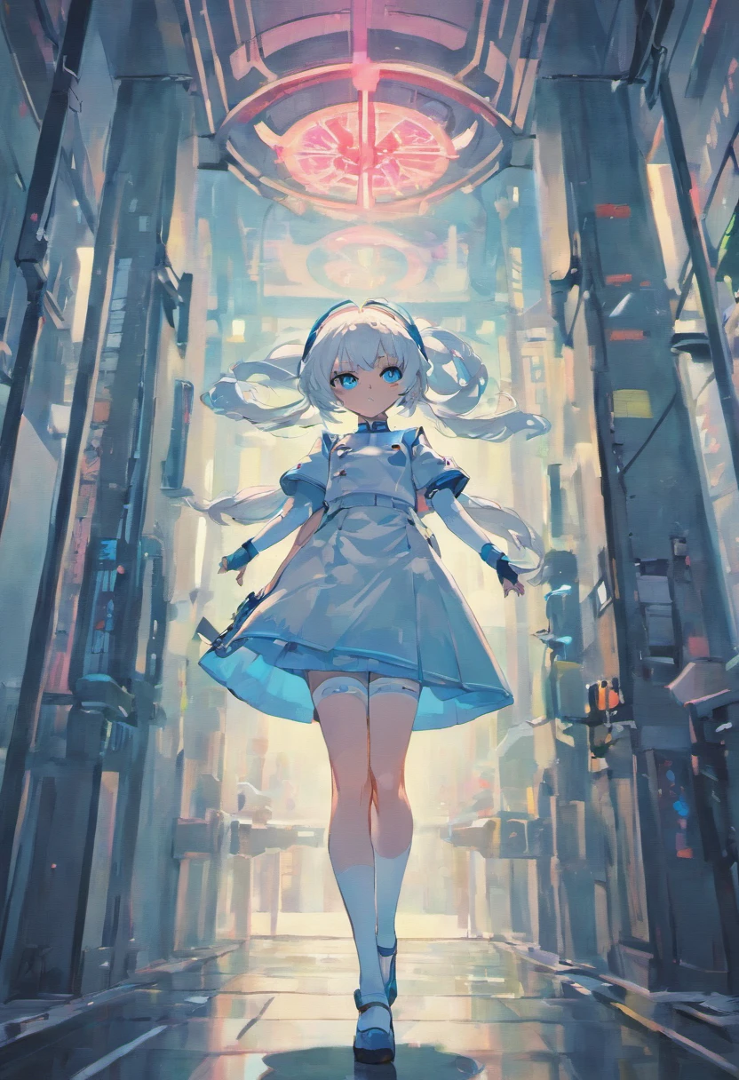 Cyberpunk Style ta Glasses Teenup White Hair Blue Eyes Tight Nurse Uniform White Stockings White High Heels Holding an Injection Syringe in Hand Background in Cyberpunk Mechanical Hospital