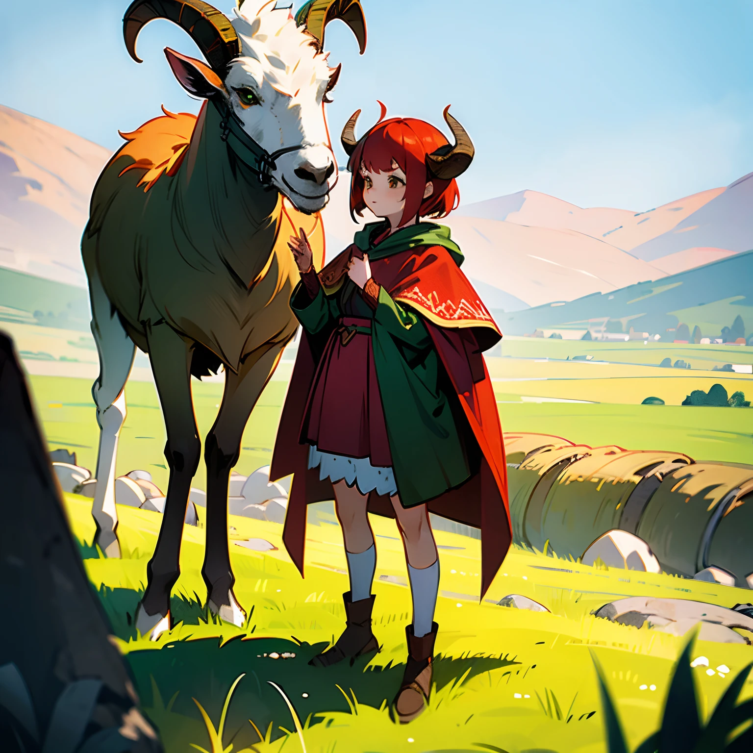 Woman with goat horns and goat legs, short red hair, freckles, green cloak, standing in a grassy field