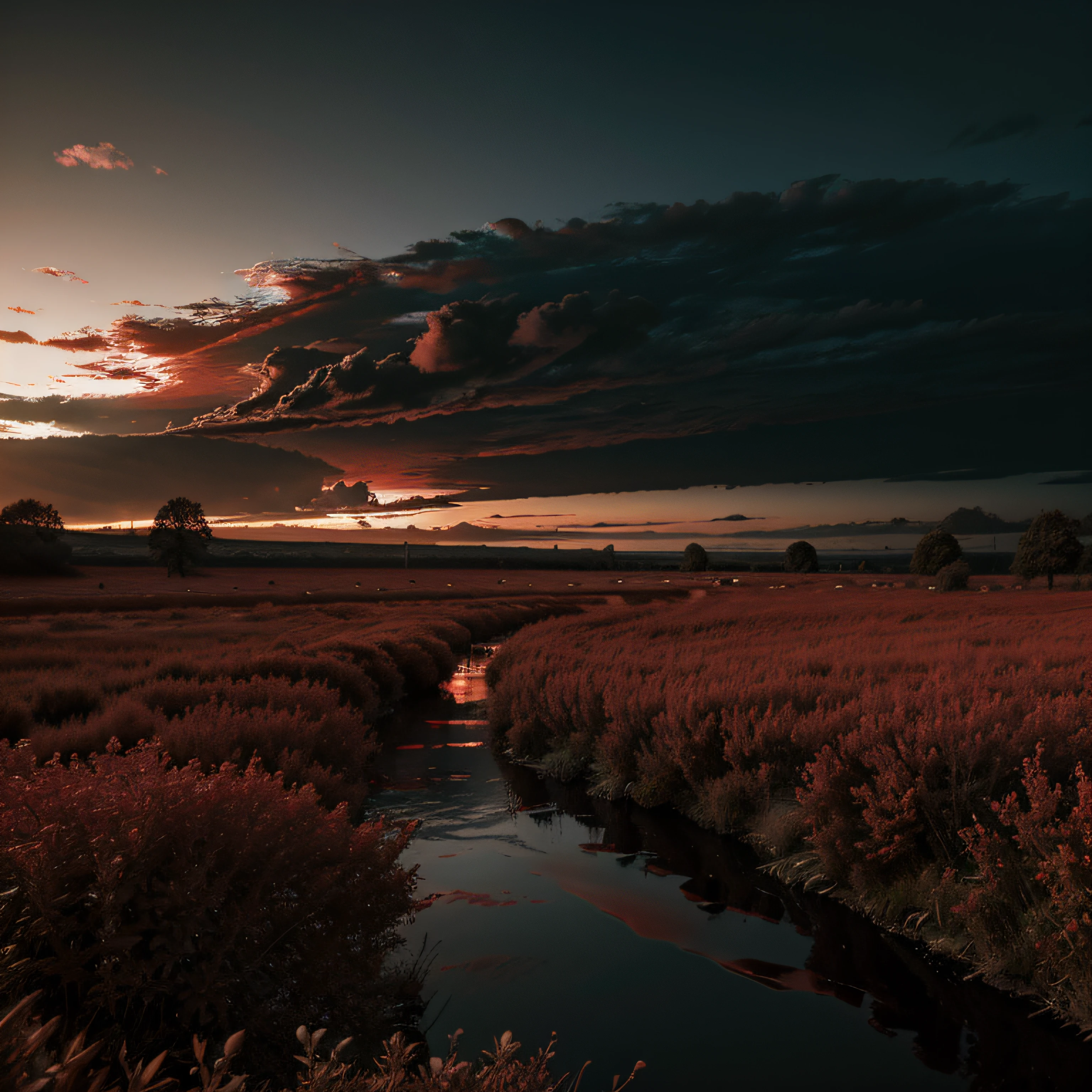 BLOOD RED RIVER, WITH BLACK CLOUDS IN THE BACKGROUN
